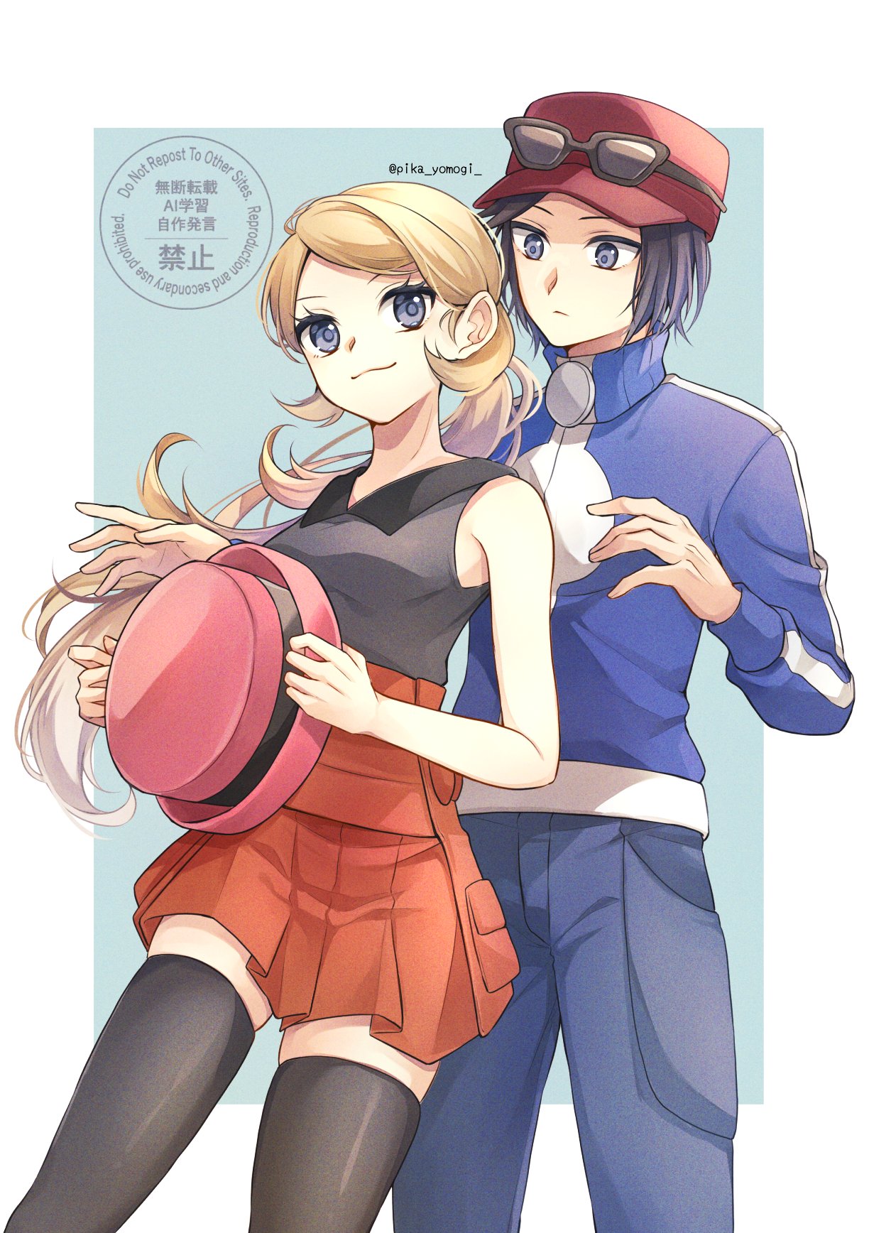 yomogi (black-elf), calem (pokemon), serena (pokemon), nintendo, pokemon, pokemon xy, highres, 1boy, 1girl, black hair, black shirt, black thighhighs, blonde hair, blue eyes, blue jacket, breasts, closed mouth, eyewear on headwear, grey eyes, hat, holding, holding unworn clothes, holding unworn hat, jacket, long hair, long sleeves, pants, pink hat, red hat, red skirt, shirt, short hair, skirt, sleeveless, sleeveless shirt, smile, sunglasses, thighhighs, turtleneck, turtleneck jacket, unworn hat, unworn headwear