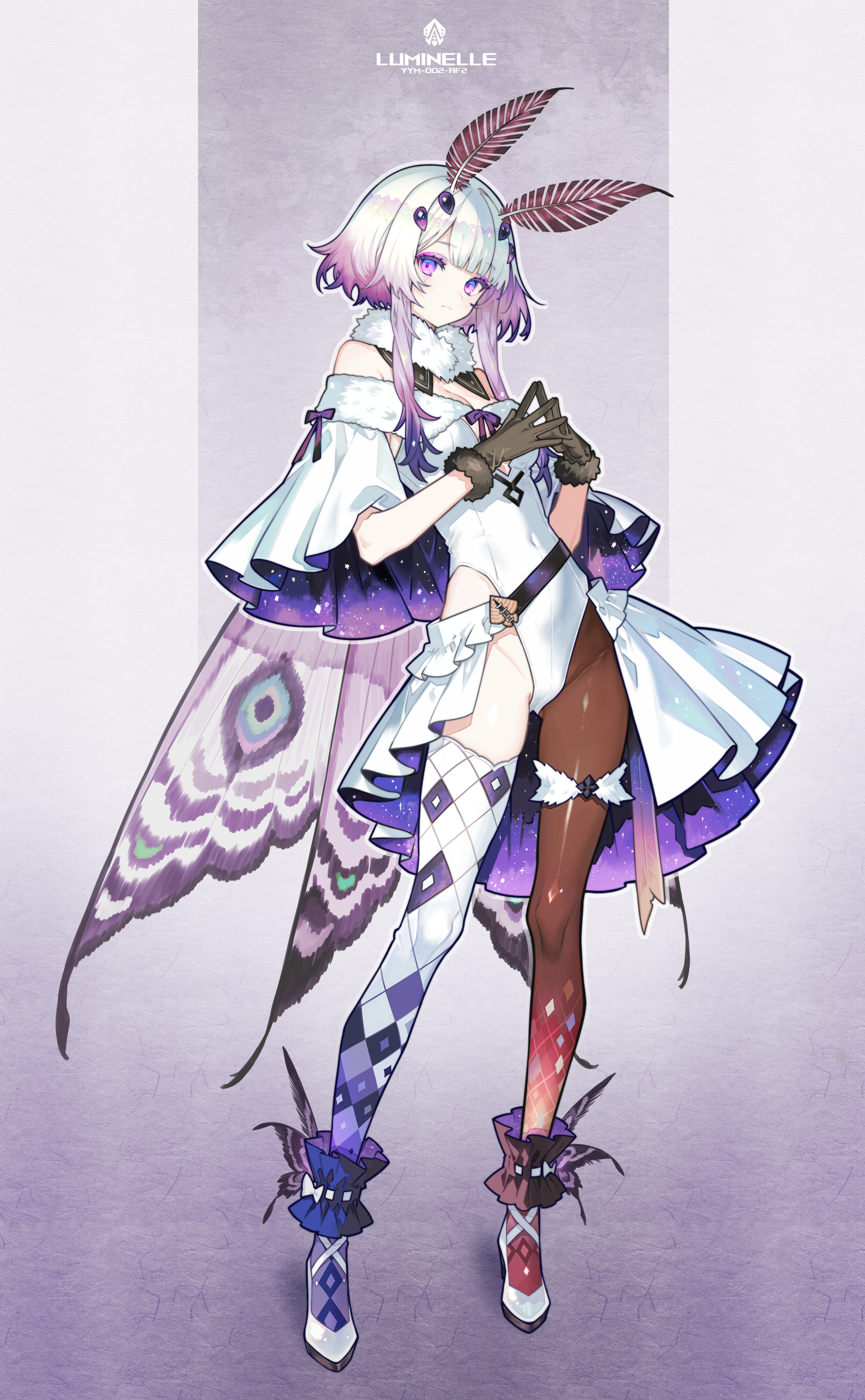 original, absurdres, highres, 1girl, ankle cuffs, arthropod girl, asymmetrical legwear, black gloves, brown pantyhose, detached sleeves, full body, fur-trimmed gloves, fur collar, fur trim, gloves, gradient hair, hair ornament, hairclip, ibaki yiym, insect girl, insect wings, leotard, moth antennae, moth girl, moth wings, multicolored hair, pantyhose, parallel hairclips, purple eyes, showgirl skirt, single thighhigh, solo, starry sky print, thighhighs, white hair, white leotard, wings