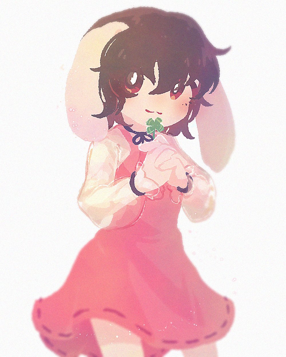 8osakana san8, inaba tewi, touhou, highres, 1girl, animal ears, black hair, clover, cold, cropped legs, dress, four-leaf clover, holding, holding clover, long sleeves, looking to the side, own hands together, pink dress, rabbit ears, red eyes, shirt, short hair, simple background, solo, white background, white shirt