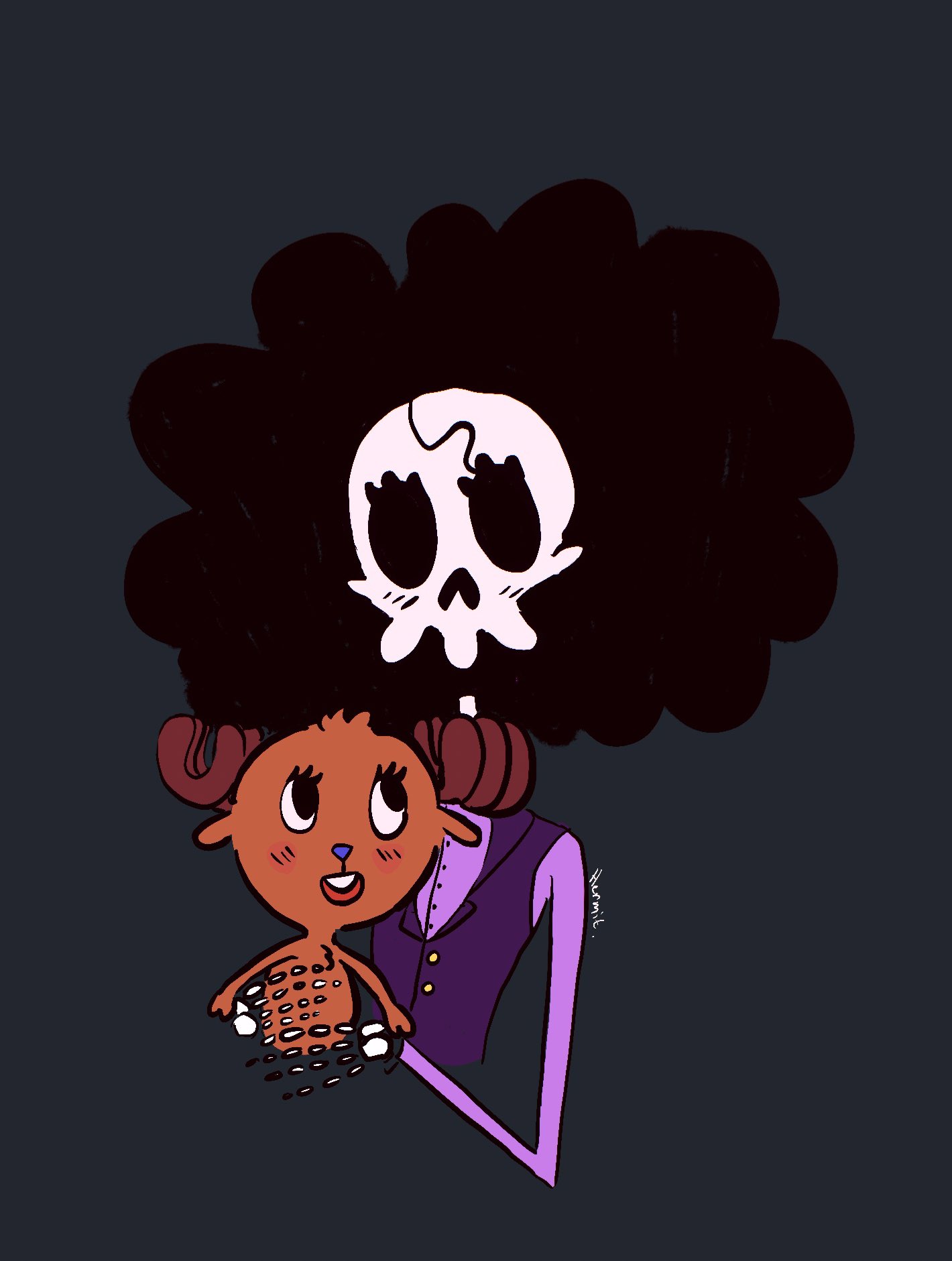 brook (one piece), tony tony chopper, one piece, commentary, highres, 2boys, afro, antlers, beacharcades, black hair, blue nose, blush, carrying, carrying person, cropped torso, eyelashes, horns, male focus, multiple boys, purple shirt, purple vest, reindeer antlers, shirt, signature, simple background, skeleton, smile, vest