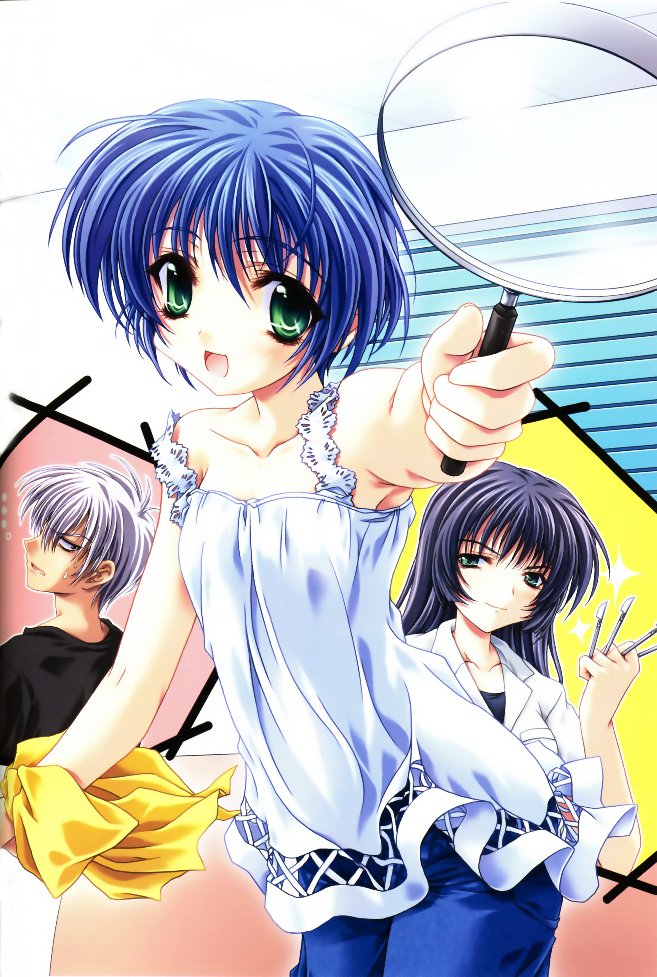 miyama-zero, kirishima hijiri, kirishima kano, kunisaki yukito, air (visual novel), absurdres, highres, 00s, black hair, blue hair, green eyes, short hair