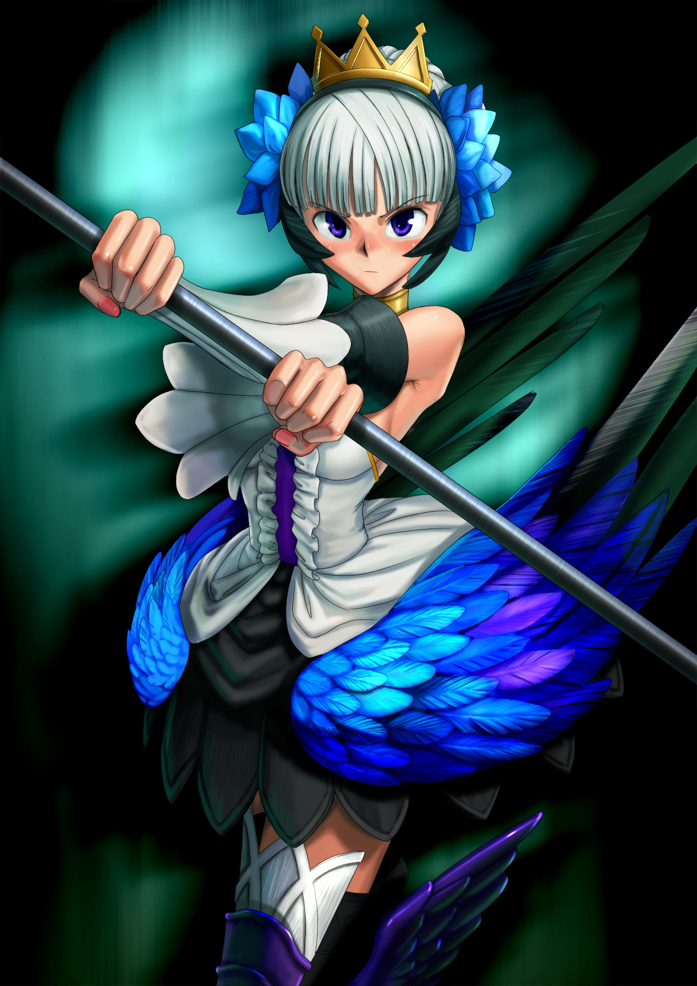 gwendolyn (odin sphere), odin sphere, highres, scan, 1girl, armor, armored dress, dress, female focus, multicolored wings, pteruges, solo, wings