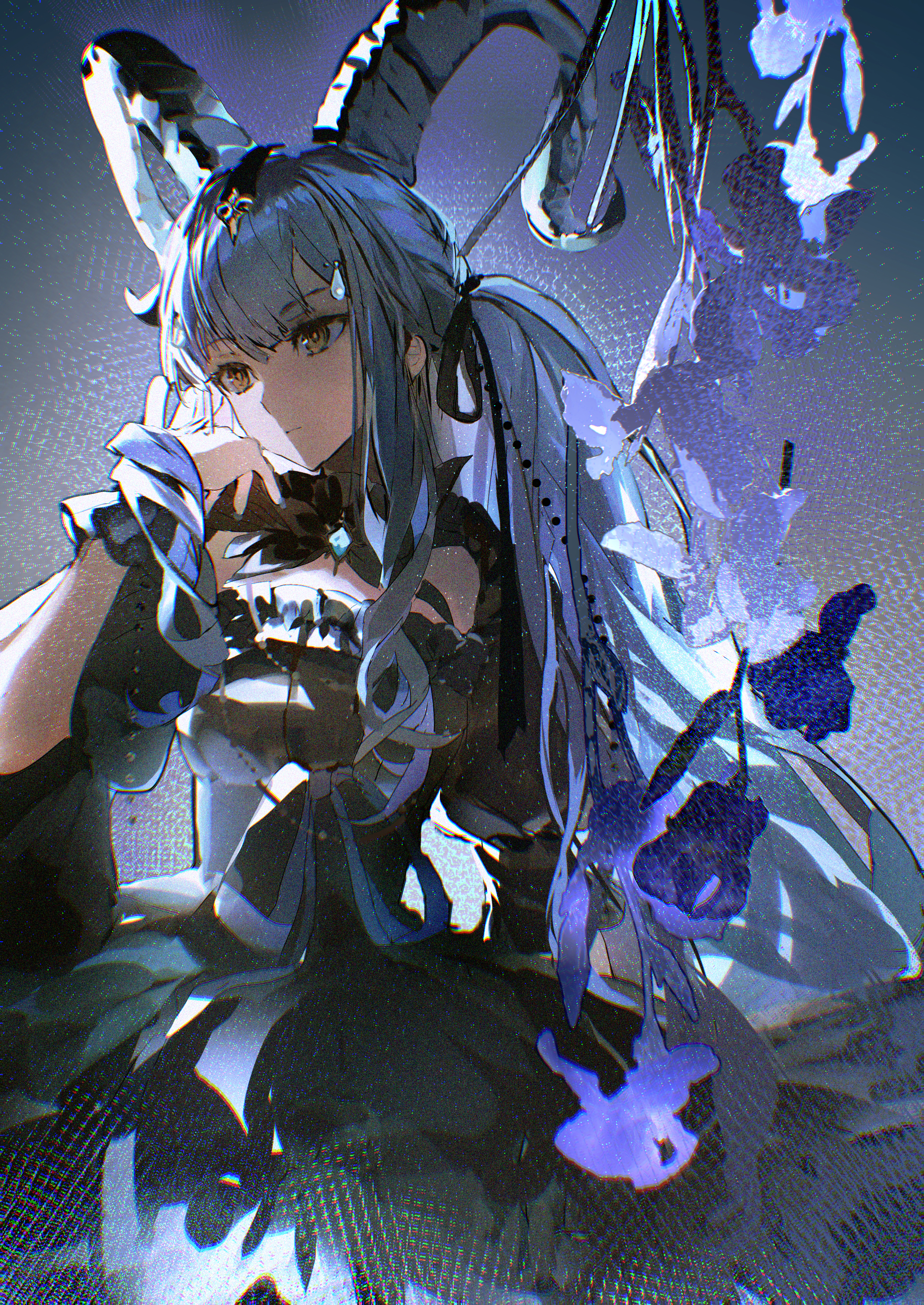 lobelia (saclia), togawa sakiko, togawa sakiko (master of melodia), arknights, bang dream!, bang dream! it's mygo!!!!!, absurdres, commentary, highres, 1girl, black dress, black horns, black ribbon, blue hair, closed mouth, cowboy shot, curled horns, detached collar, dress, film grain, frilled dress, frills, hair lift, hair ribbon, hand up, horns, long hair, ribbon, sidelocks, solo, standing, two side up, wrist cuffs, yellow eyes