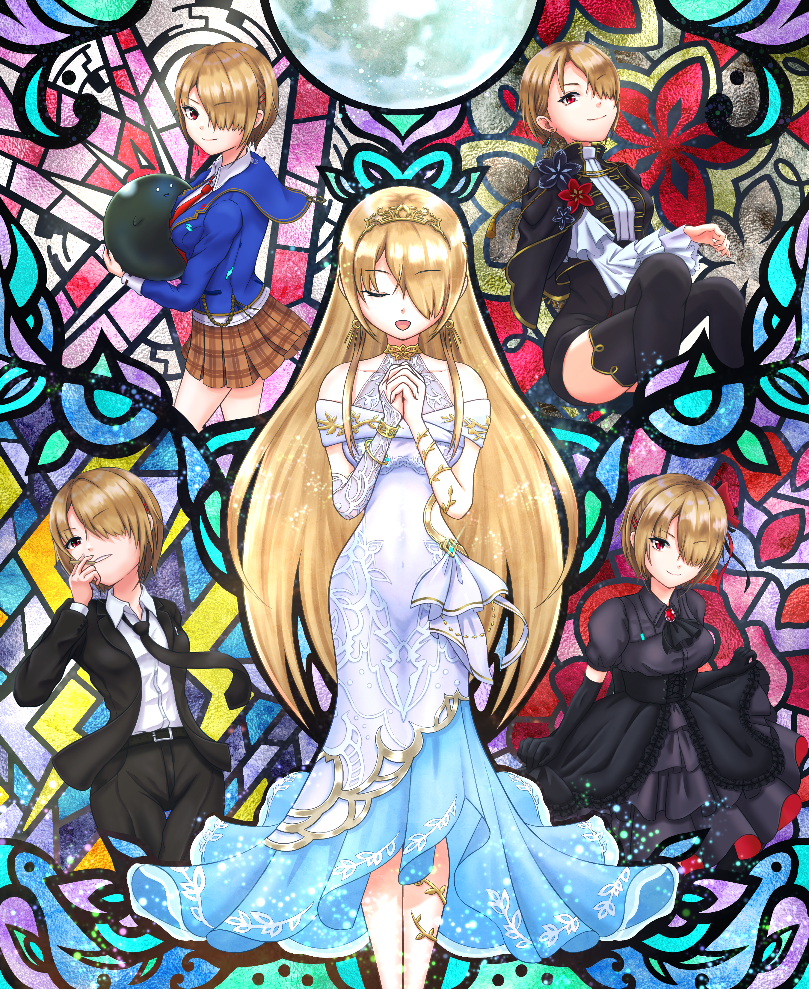 kayamori ruka, heaven burns red, absurdres, highres, 1girl, bare shoulders, belt, black dress, black gloves, black jacket, black necktie, blonde hair, bomb, breasts, brown skirt, closed eyes, closed mouth, dress, earrings, elbow gloves, explosive, flower, formal clothes, frills, gloves, hair over one eye, holding, hood, jacket, jewelry, long hair, long sleeves, looking at viewer, moon, multiple girls, multiple persona, necktie, open mouth, own hands clasped, own hands together, pants, pleated skirt, praying, red eyes, red necktie, school uniform, shirt, short hair, short sleeves, skirt, smile, stained glass, suit, sybilla (batvb), thighhighs, tiara, very long hair, white dress, white shirt