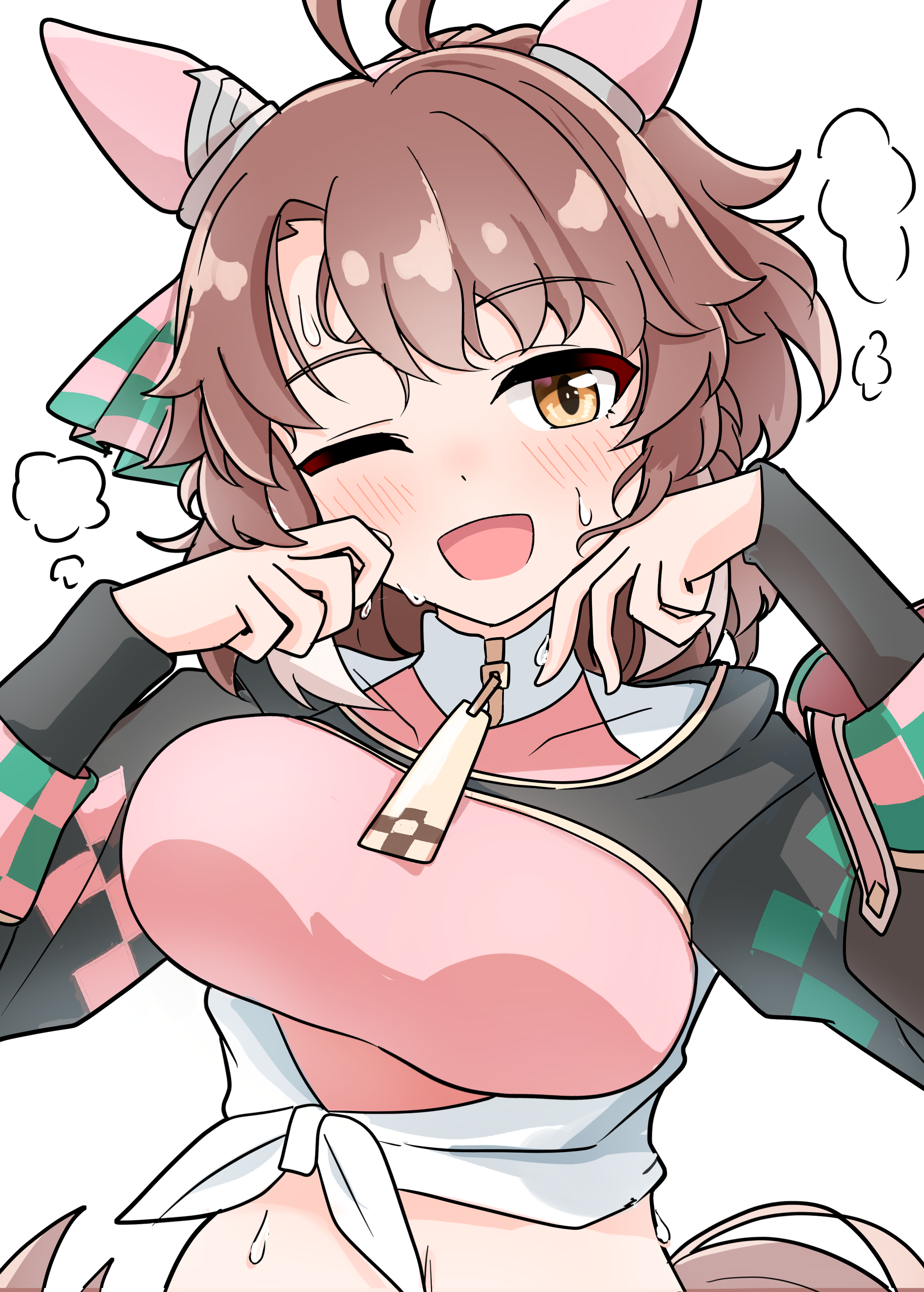 arnolddayo, dantsu flame (umamusume), umamusume, absurdres, highres, 1girl, ahoge, animal ears, black sleeves, blush, breasts, brown eyes, brown hair, ear covers, ear ornament, hair between eyes, hair ornament, horse ears, horse girl, horse tail, large breasts, looking at viewer, midriff, one eye closed, open mouth, pink shirt, shirt, simple background, smile, solo, sweat, tail, tied shirt, upper body, white background