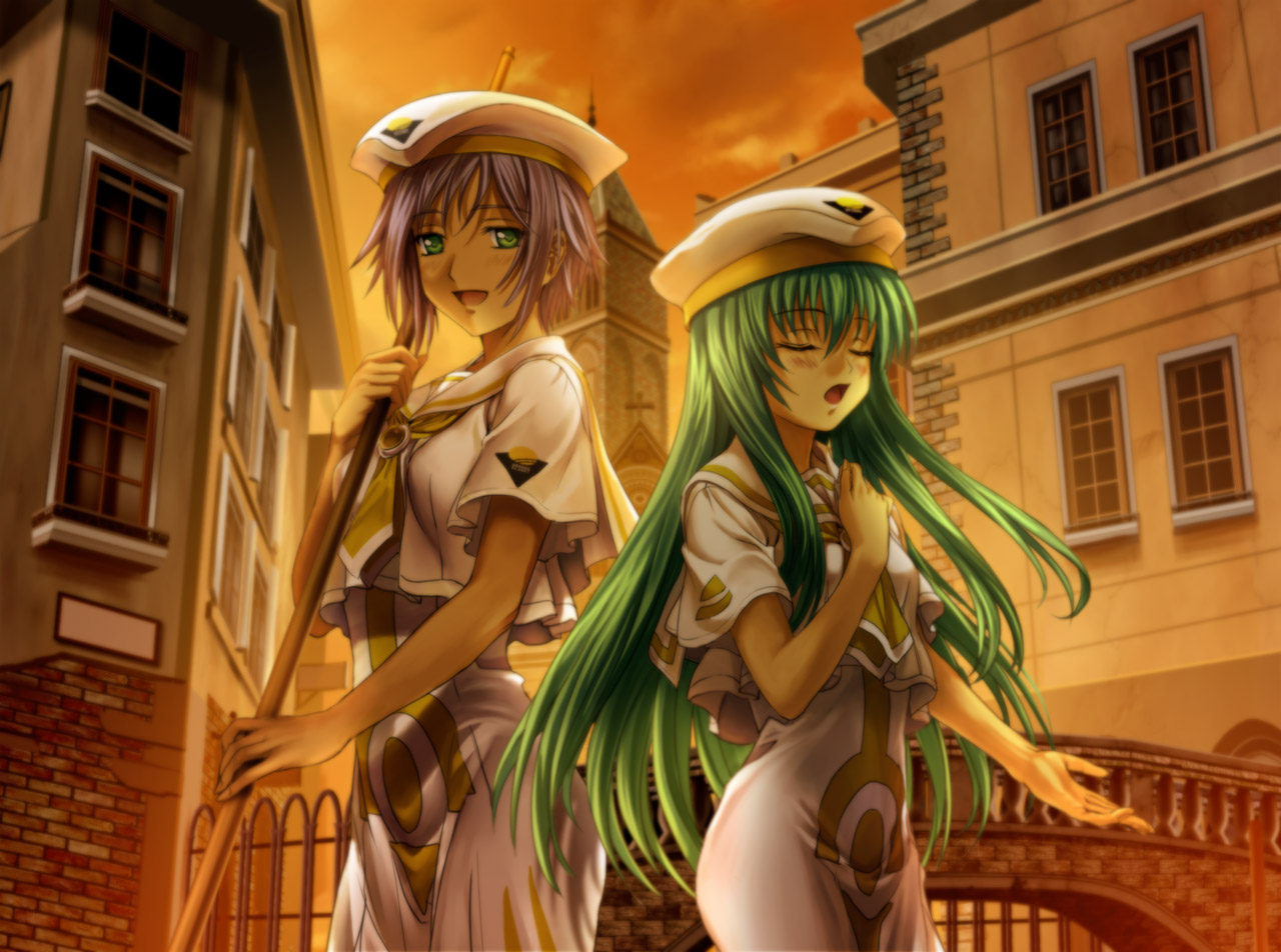 mutsuki (moonknives), alice carroll, athena glory, aria (manga), square enix, 00s, blouse, closed eyes, green eyes, green hair, purple hair, shirt, white shirt