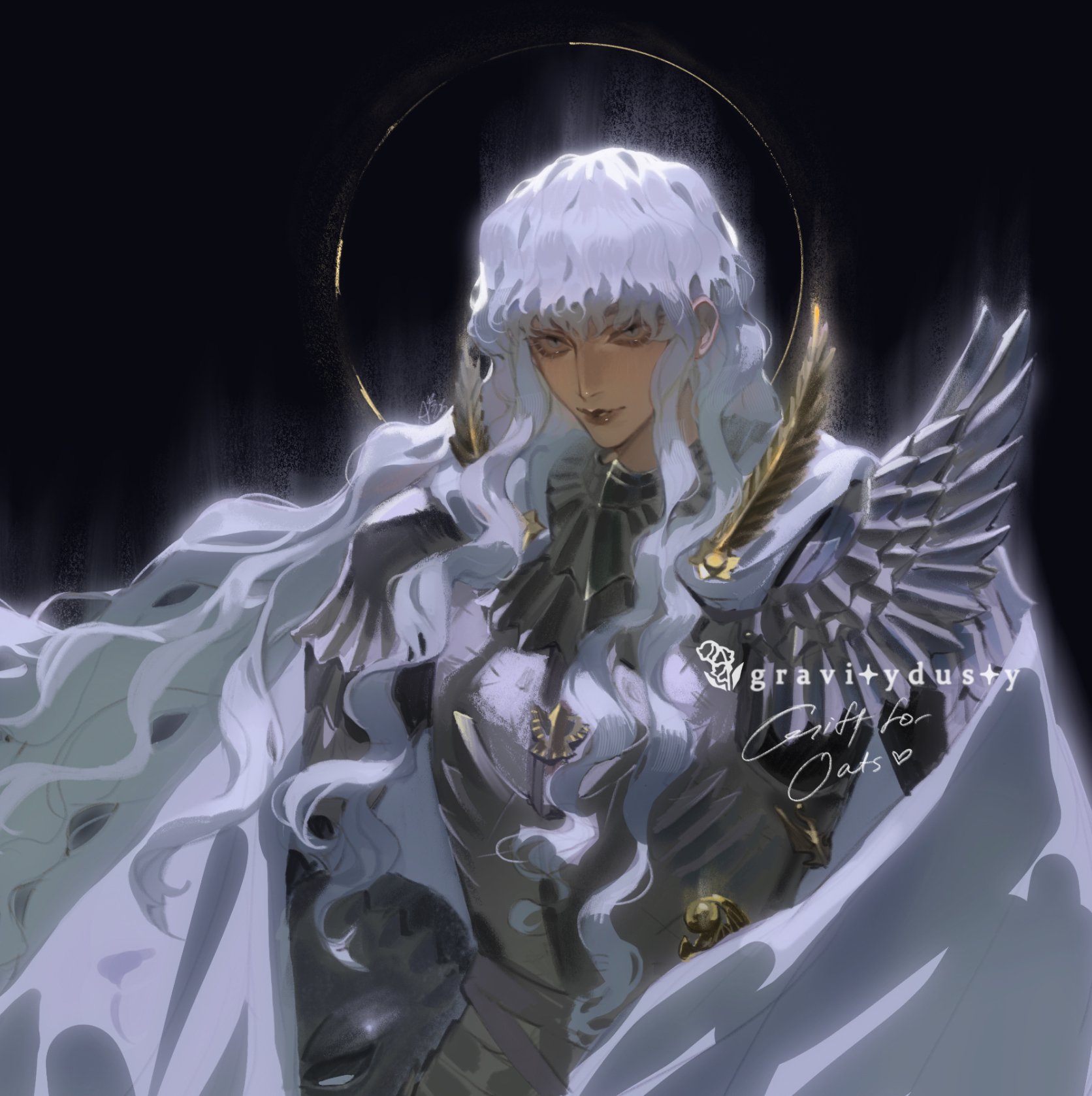gravitydusty, griffith (berserk), berserk, highres, 1boy, armor, artist logo, artist name, blue eyes, breastplate, cape, closed mouth, drawn heart, gift art, gold halo, golden feathers, halo, heart, hilt, holding, holding weapon, light smile, logo, long hair, looking at viewer, ornate armor, pauldrons, shoulder armor, sigil, silver armor, solo, sword, sword hilt, wavy hair, weapon, white cape, white hair, writing
