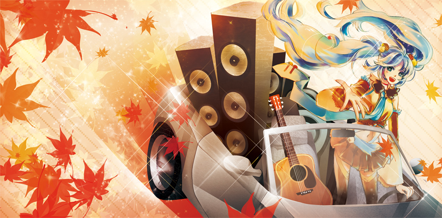 reika (artist), reika (clovia studio), hatsune miku, vocaloid, bad id, bad pixiv id, 1girl, acoustic guitar, autumn, autumn leaves, car, female focus, guitar, instrument, leaf, left-hand drive, motor vehicle, solo, speaker, vehicle focus