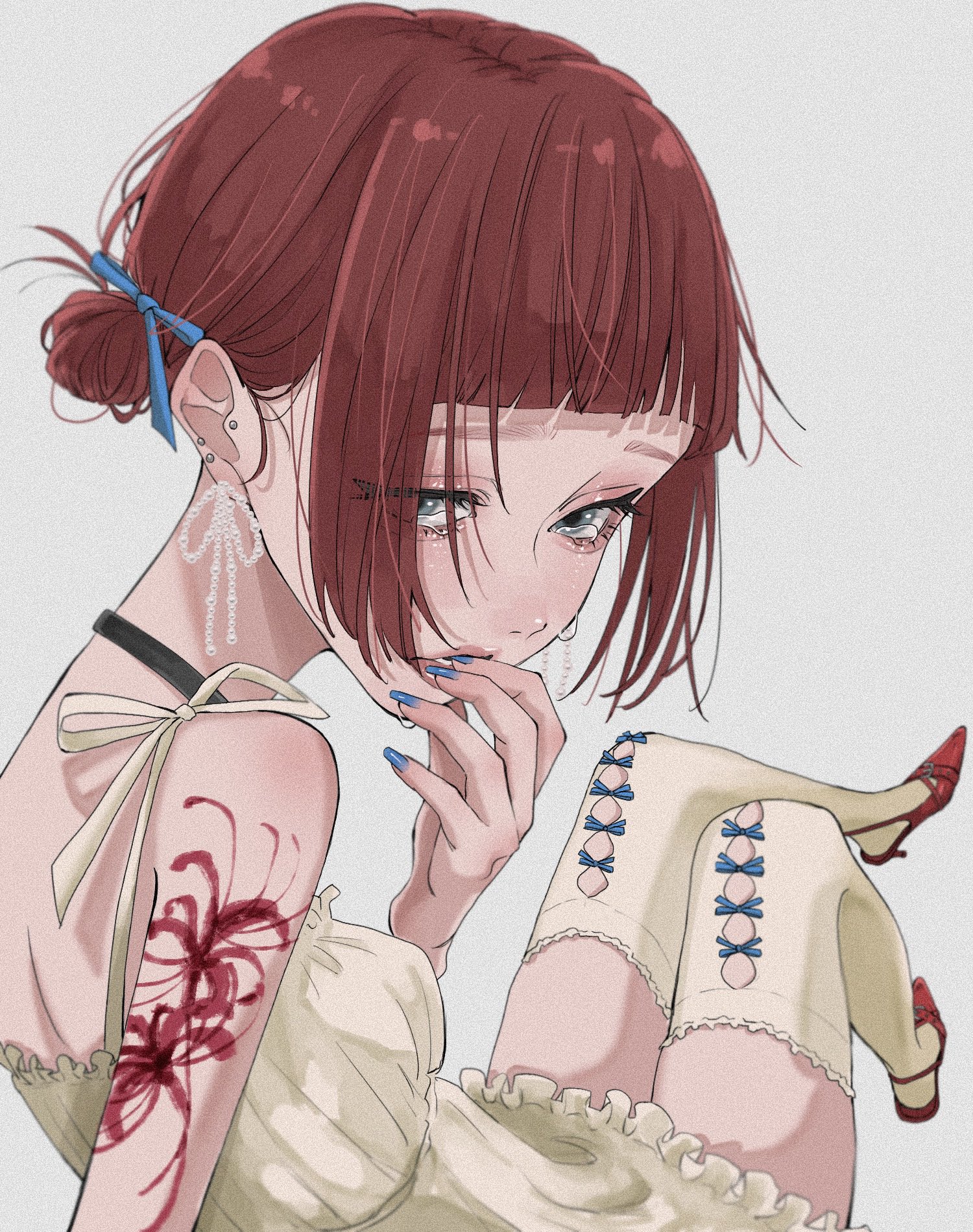tamori (tamori www), original, highres, 1girl, aegyo sal, arm tattoo, black choker, blue eyes, blue nails, blue ribbon, blunt bangs, blurry, choker, clothing cutout, crying, crying with eyes open, depth of field, double bun, dress, ear piercing, earrings, eyelashes, fashion, film grain, fingernails, fingers to mouth, flower, flower tattoo, frilled dress, frilled thighhighs, frills, from behind, hair bun, hair ribbon, jewelry, kitten heels, leg up, long fingernails, looking at viewer, looking back, nail polish, pearl earrings, piercing, red hair, red shoes, ribbon, ribbon earrings, shoes, short bangs, short dress, simple background, sitting, spaghetti strap, spider lily, straight hair, tattoo, teardrop, tears, thigh cutout, thighhighs, very low bun, white background, white dress, white thighhighs