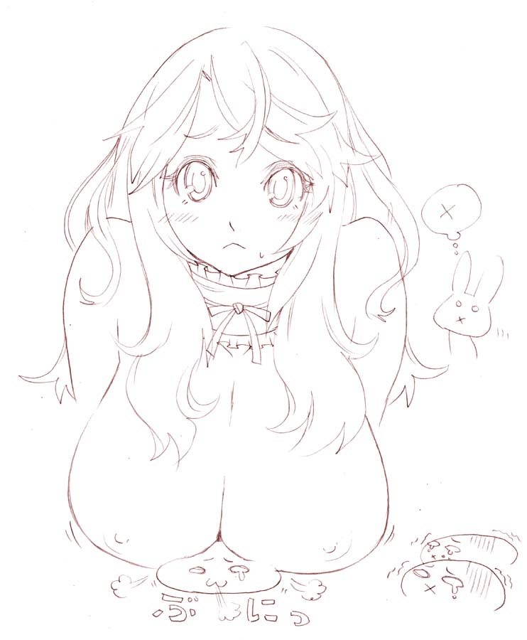 tsuutenkaaku, :<, blush, breasts, huge breasts, long hair, monochrome, solo