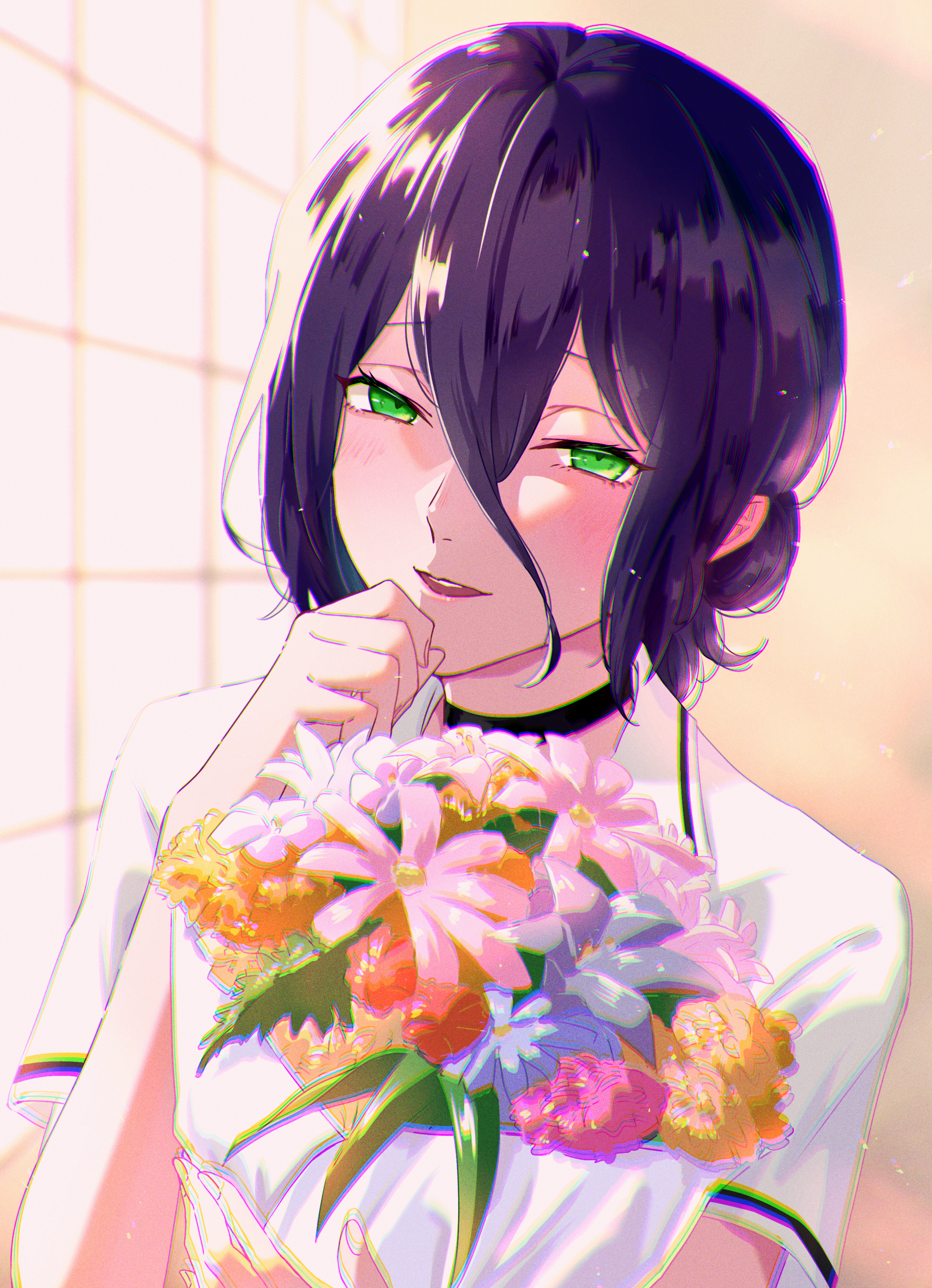 reze (chainsaw man), chainsaw man, absurdres, highres, 1girl, alternate universe, black choker, bouquet, choker, flower, green eyes, hair between eyes, holding, holding bouquet, looking at viewer, michi mizuno, muntins, orange flower, parted lips, pink flower, purple flower, purple hair, shirt, sidelocks, smile, solo, upper body, white shirt