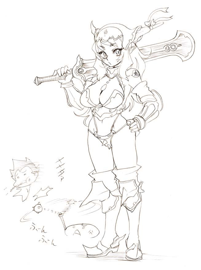 tsuutenkaaku, 1girl, armor, bikini, bikini armor, boots, breasts, cleavage, female focus, gloves, greyscale, helm, helmet, large breasts, long hair, monochrome, outline, solo, swimsuit, sword, weapon