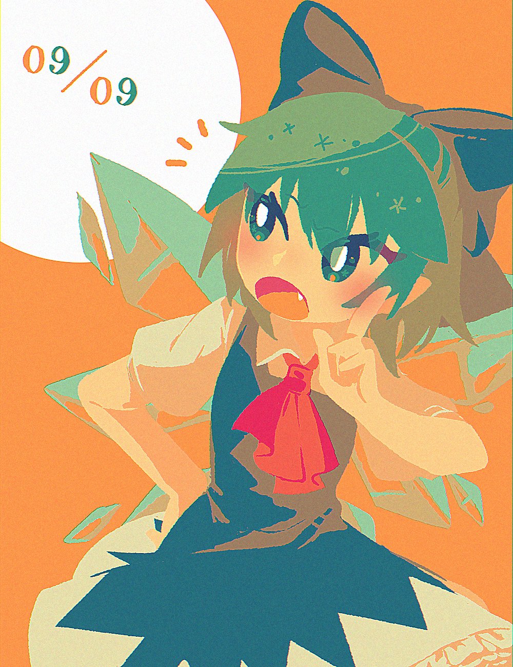 8osakana san8, cirno, touhou, highres, 1girl, ascot, blue bow, blue dress, blue eyes, blue hair, bow, cirno day, collared shirt, dress, fang, frilled dress, frills, hair bow, hand on own hip, ice, ice wings, looking to the side, open mouth, orange background, pointing, pointing up, puffy short sleeves, puffy sleeves, red ascot, shirt, short hair, short sleeves, simple background, solo, two-tone dress, white dress, white shirt, wings