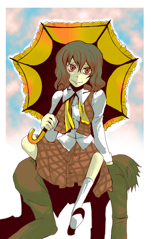 asana, kazami yuuka, touhou, untied, bad id, bad pixiv id, 1girl, ascot, female focus, femdom, green hair, human chair, human furniture, parasol, plaid clothes, plaid skirt, plaid vest, red eyes, short hair, sitting, sitting on person, skirt, skirt set, solo focus, umbrella, vest