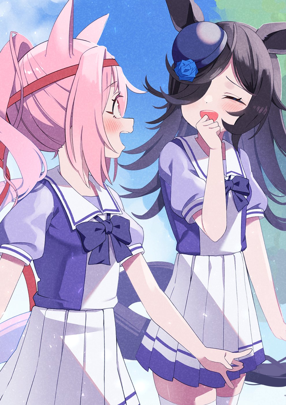 agaki anko, haru urara (umamusume), rice shower (umamusume), umamusume, highres, 2girls, animal ears, blue flower, blue rose, blue sky, blush, bow, brown hair, closed eyes, flipped hair, flower, hair over one eye, hat, hat flower, headband, horse ears, horse girl, horse tail, long hair, looking at another, multiple girls, open mouth, outdoors, pink eyes, pink hair, pink headband, ponytail, puffy short sleeves, puffy sleeves, purple bow, purple shirt, red headband, rose, sailor collar, sailor shirt, school uniform, shirt, short sleeves, skirt, sky, smile, tail, thighhighs, tilted headwear, tracen school uniform, tree, white sailor collar, white skirt, white thighhighs, zettai ryouiki