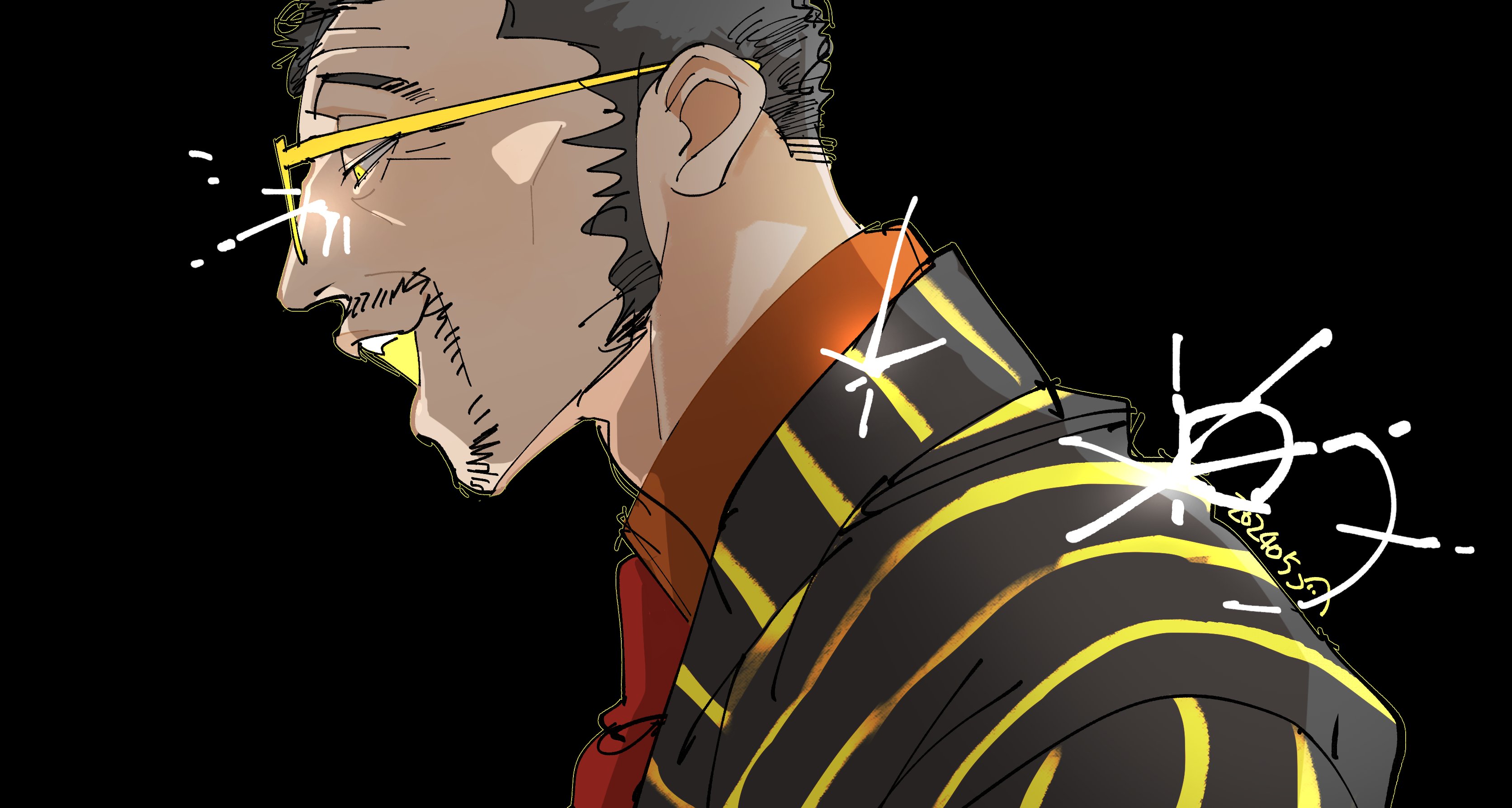 kinako (marubotan), kizaru (one piece), one piece, absurdres, highres, 1boy, beard stubble, black background, black hair, dated, facial hair, formal clothes, male focus, necktie, open mouth, orange shirt, profile, shirt, short hair, sideburns, simple background, smile, solo, sparkle, stubble, suit, sunglasses, yellow eyes