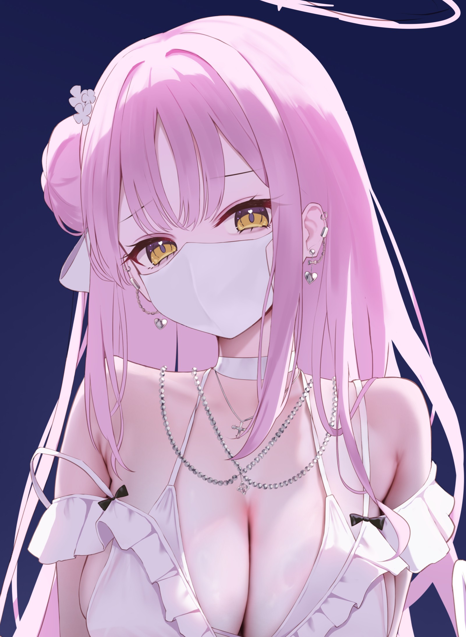 saki (saki paint), mika (blue archive), blue archive, highres, 1girl, bare shoulders, bikini, black bow, bow, breasts, choker, collarbone, covered mouth, cross, cross necklace, ear piercing, earclip, earrings, flower, hair bun, hair flower, hair ornament, hair ribbon, halo, heart, heart earrings, heart in eye, huge breasts, jewelry, long hair, looking at viewer, mask, mouth mask, necklace, piercing, pink hair, pink halo, purple background, purple flower, ribbon, simple background, single side bun, solo, strap slip, swimsuit, symbol in eye, white bikini, white choker, white mask, white ribbon, yellow eyes