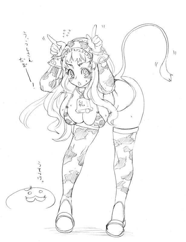 tsuutenkaaku, translated, + +, 1girl, animal print, bell, bent over, blush, breasts, cleavage, cow print, cow tail, cowbell, female focus, greyscale, large breasts, long hair, monochrome, solo, tail, thighhighs