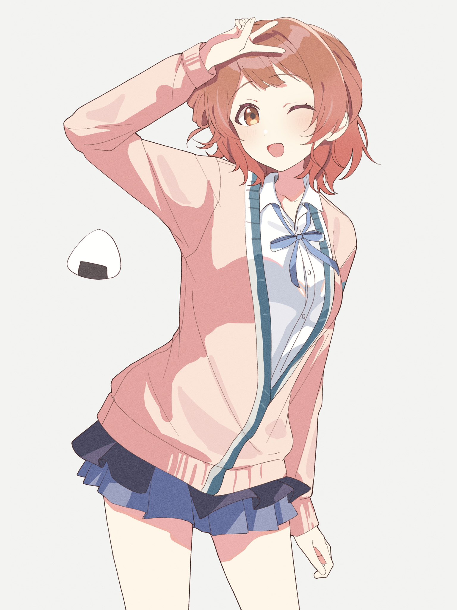 aru (purepur8), hanami ume, gakuen idolmaster, idolmaster, highres, 1girl, arm up, black overskirt, blue ribbon, blue skirt, breasts, cardigan, collarbone, collared shirt, cowboy shot, food print, grey background, hair rings, leaning forward, looking at viewer, loose neck ribbon, medium breasts, medium hair, miniskirt, neck ribbon, one eye closed, onigiri print, pink cardigan, pleated skirt, red eyes, red hair, ribbon, shirt, side up ring, simple background, single hair ring, skirt, solo, v, white shirt