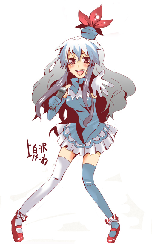 asana, kamishirasawa keine, touhou, bad id, bad pixiv id, 1girl, blue hair, blue hat, elbow gloves, female focus, gloves, hat, microphone, ribbon, thighhighs