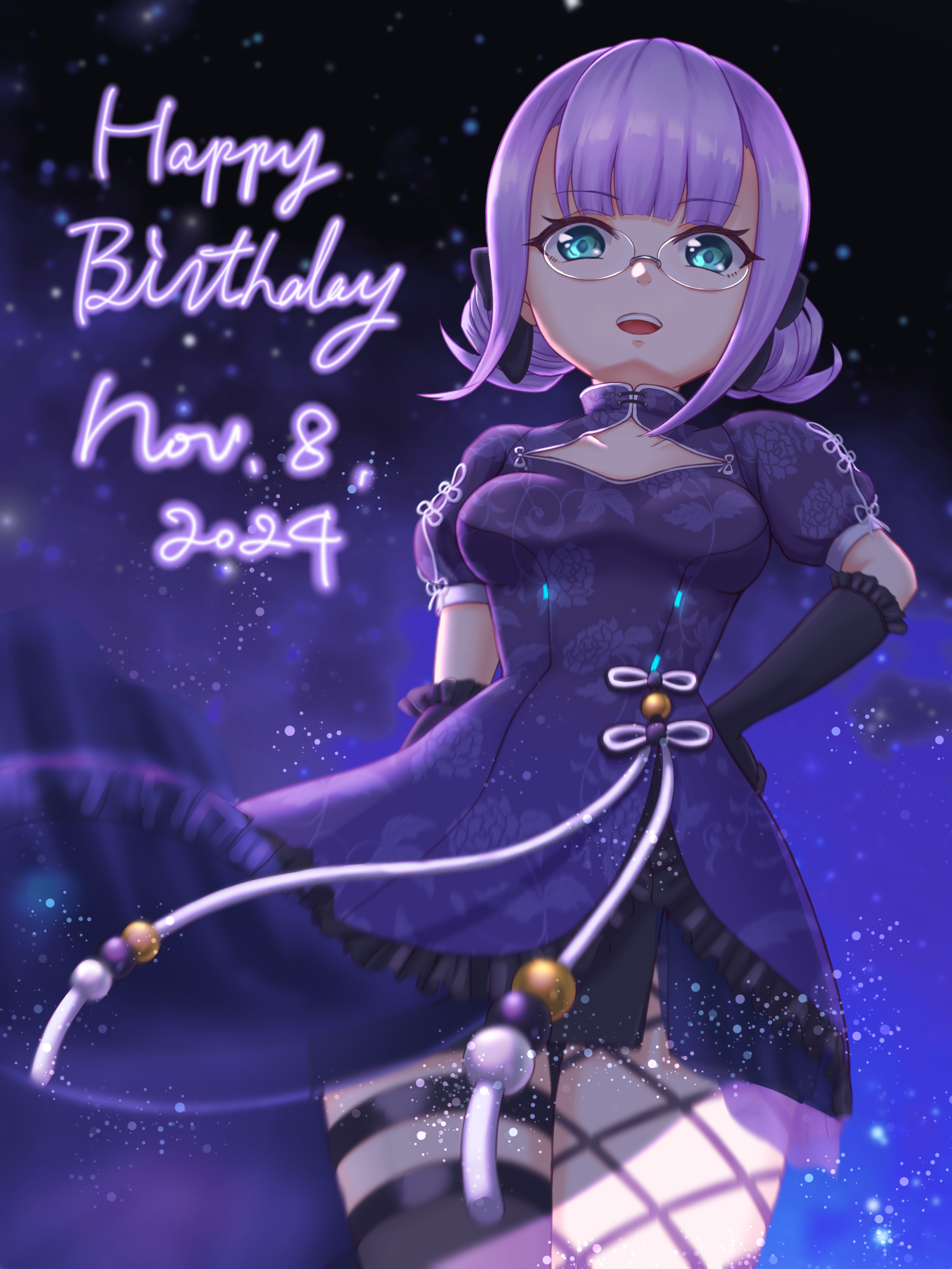 higuchi seika, heaven burns red, absurdres, highres, 1girl, :d, aqua eyes, arm at side, arm behind back, asymmetrical legwear, bell, birthday, black bow, black dress, black gloves, black thighhighs, blue eyes, blunt bangs, bow, breasts, china dress, chinese clothes, cleavage cutout, clothing cutout, collarbone, cross-laced clothes, double bun, dress, elbow gloves, fishnet thighhighs, fishnets, floral print, flower knot, frilled dress, frilled gloves, frilled sleeves, frills, from below, glasses, gloves, grey-framed eyewear, hair bow, hair bun, hand on own hip, happy birthday, jingle bell, light particles, looking at viewer, looking down, medium breasts, night, official alternate costume, official alternate hairstyle, open mouth, parted lips, print dress, puffy short sleeves, puffy sleeves, purple dress, purple hair, round eyewear, see-through clothes, short dress, short hair, short sleeves, side slit, sidelocks, single thighhigh, sky, smile, solo, standing, star (sky), starry sky, sybilla (batvb), tassel, teeth, thigh strap, thighhighs, twintails, upper teeth only, virtual youtuber