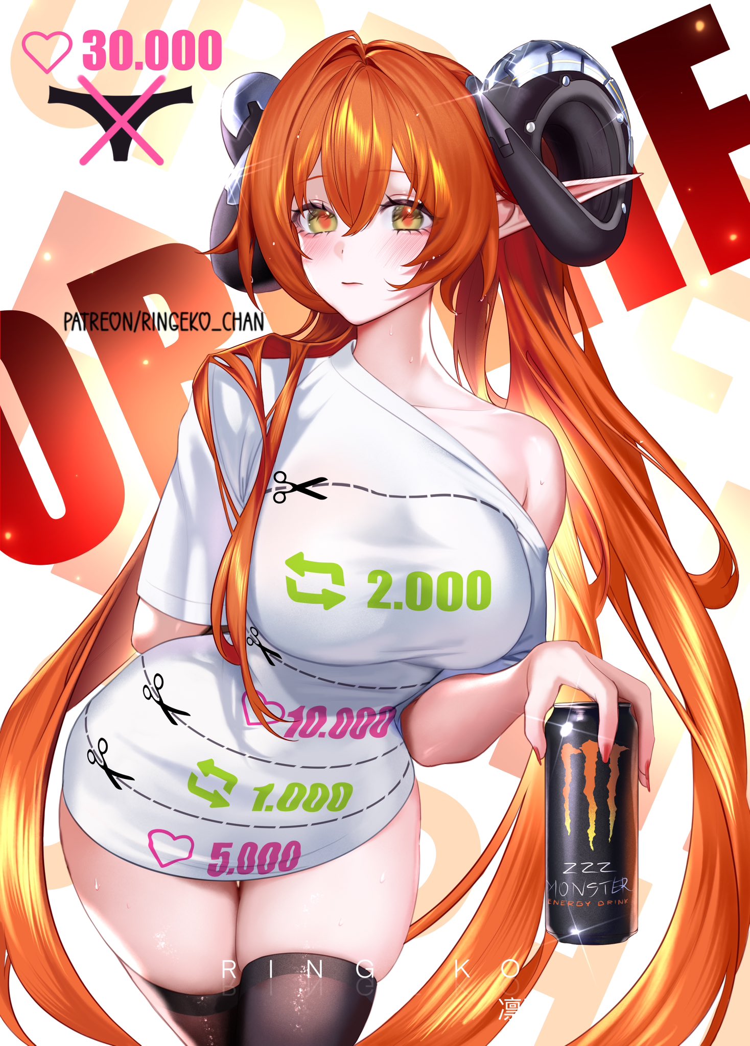 ringeko-chan, orphie magnusson, monster energy, zenless zone zero, commentary, highres, paid reward available, 1girl, alternate costume, arm behind back, artist name, black thighhighs, blush, breasts, can, character name, closed mouth, cowboy shot, dragon horns, drink can, fingernails, hair between eyes, holding, holding can, horns, large breasts, leaning forward, long fingernails, long hair, long pointy ears, looking at viewer, mechanical horns, nail polish, orange hair, pointy ears, red nails, red pupils, sharp fingernails, shirt, sidelocks, single bare shoulder, single off shoulder, solo, thighhighs, thighs, twitter strip game, very long hair, white shirt, yellow eyes