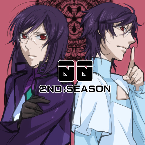 murakami yuichi, regene regetta, tieria erde, gundam, gundam 00, bad id, bad pixiv id, lowres, 00s, 2boys, giv (pixiv), glasses, male focus, multiple boys, purple hair, red eyes