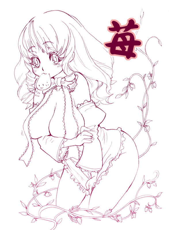 tsuutenkaaku, hinaichigo, rozen maiden, breast hold, 00s, alternate breast size (larger), blush, breast suppress, breasts, cleavage, detached sleeves, food, fruit, large breasts, long hair, monochrome, mouth hold, solo, strawberry
