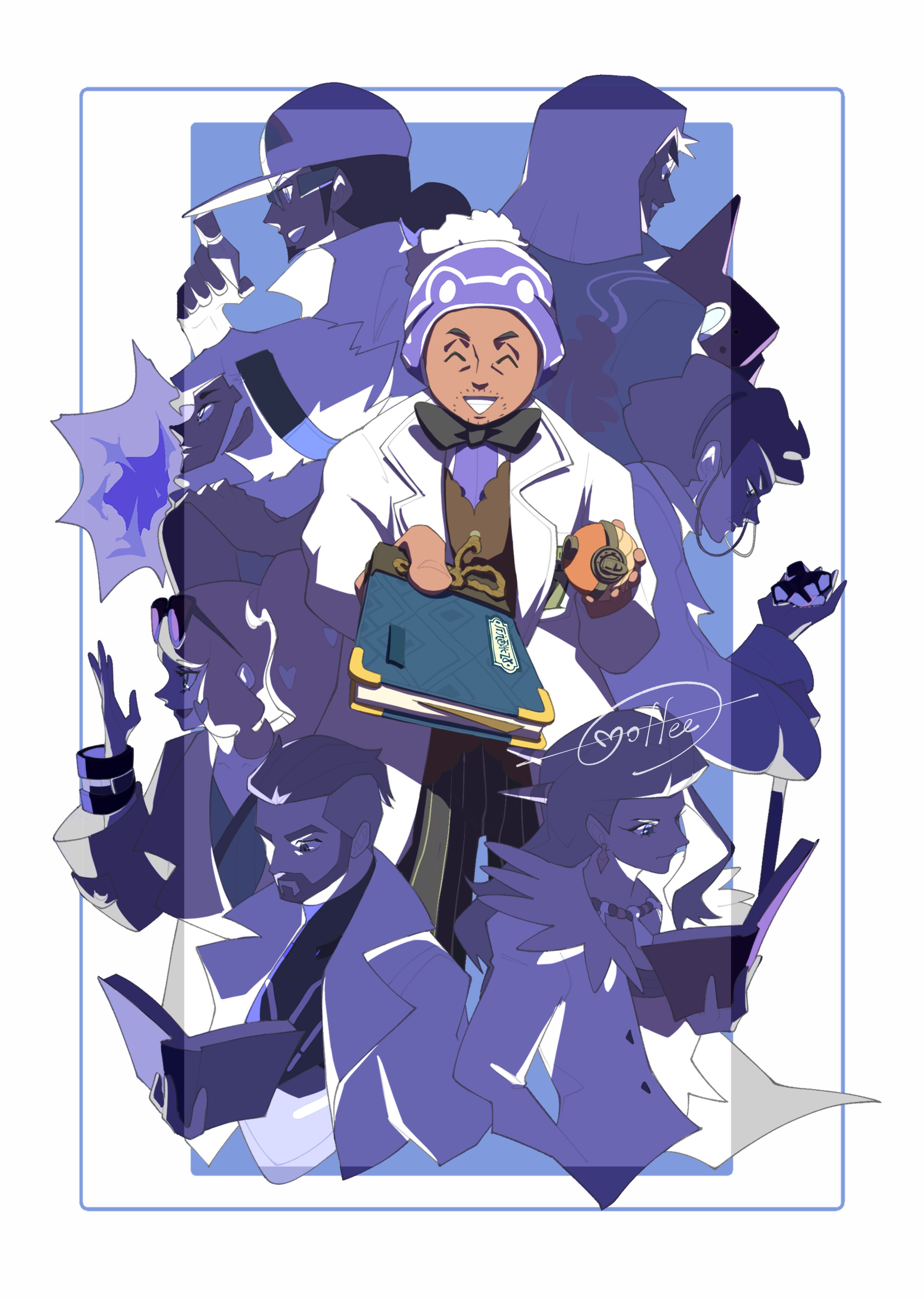 cccacademia, friede (pokemon), professor kukui, professor laventon, professor magnolia, professor sada, professor turo, rotom, rotom dex, samson oak, sonia (pokemon), nintendo, pokemon, pokemon legends: arceus, pokemon sm, pokemon sv, pokemon swsh, absurdres, highres, 3girls, 5boys, artist name, baseball cap, beard, black bow, black bowtie, book, bow, bowtie, earrings, facial hair, gen 4 pokemon, glasses, hat, holding, holding poke ball, jewelry, lab coat, multiple boys, multiple girls, necklace, open book, poke ball, purple hat, sideburns, stubble, sunglasses, trait connection, white background, white hair