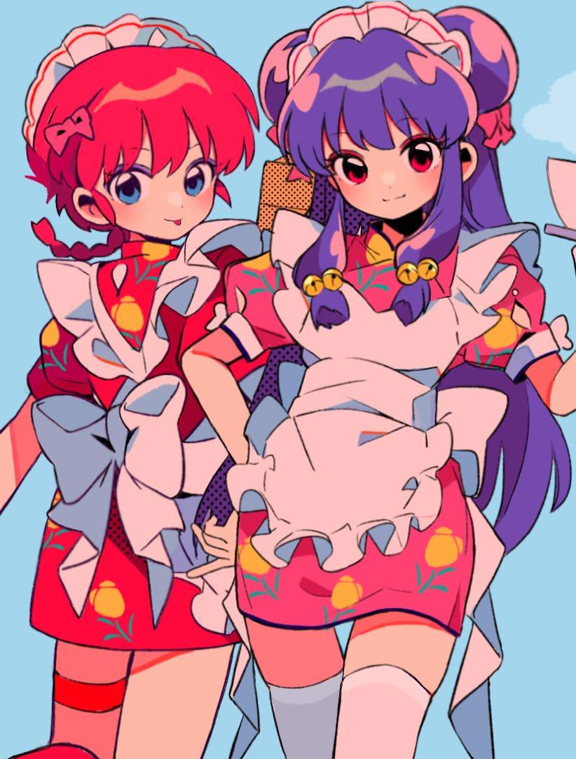 sanamaru (sana79261827), ranma-chan, shampoo (ranma 1/2), ranma 1/2, 2girls, apron, blue background, blue eyes, blush, bow, closed mouth, cowboy shot, double bun, dress, frilled apron, frills, hair bow, hair bun, long hair, looking at viewer, maid headdress, multiple girls, pink bow, pink dress, purple hair, red dress, red eyes, red hair, short hair, short sleeves, simple background, smile, thighhighs, tongue, tongue out, white apron, white thighhighs