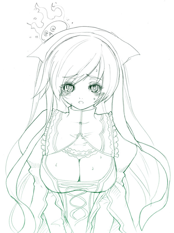 tsuutenkaaku, suiseiseki, rozen maiden, 00s, alternate breast size (larger), blush, breasts, cleavage, large breasts, long hair, monochrome, solo, sweat