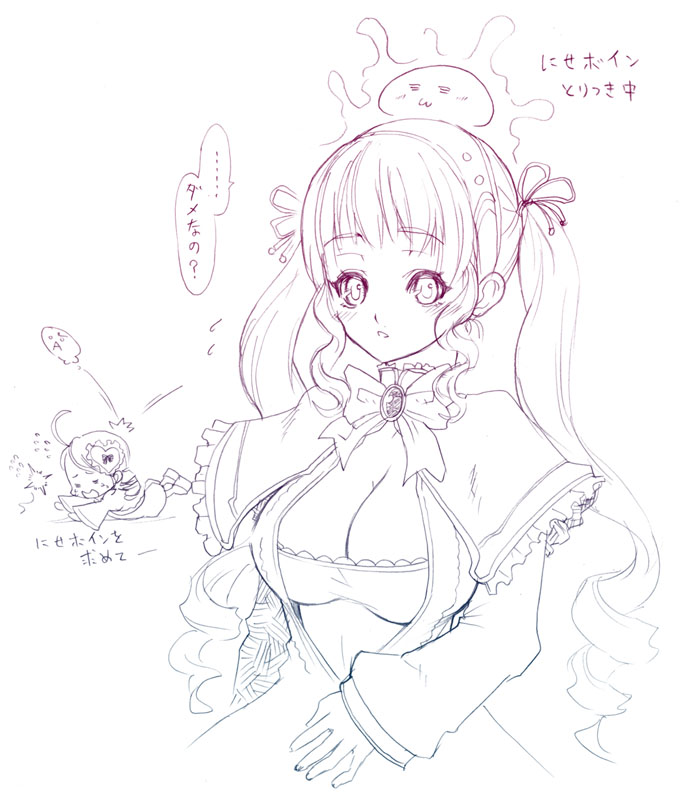 tsuutenkaaku, kanaria, shinku, rozen maiden, 00s, alternate breast size (larger), blush, breasts, cleavage, large breasts, long hair, monochrome, twintails