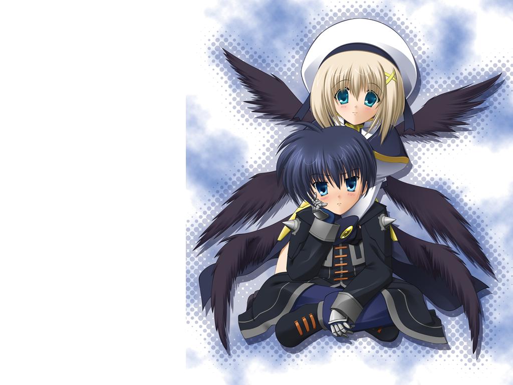 chrono harlaown, yagami hayate, lyrical nanoha, mahou shoujo lyrical nanoha, 00s, 1boy, 1girl, blonde hair, blue eyes, blue hair, blush, coat, couple, gloves, hair ornament, hairclip, hat, hetero, hug, indian style, short hair, sitting, smile, spikes, trench coat, wings, x hair ornament