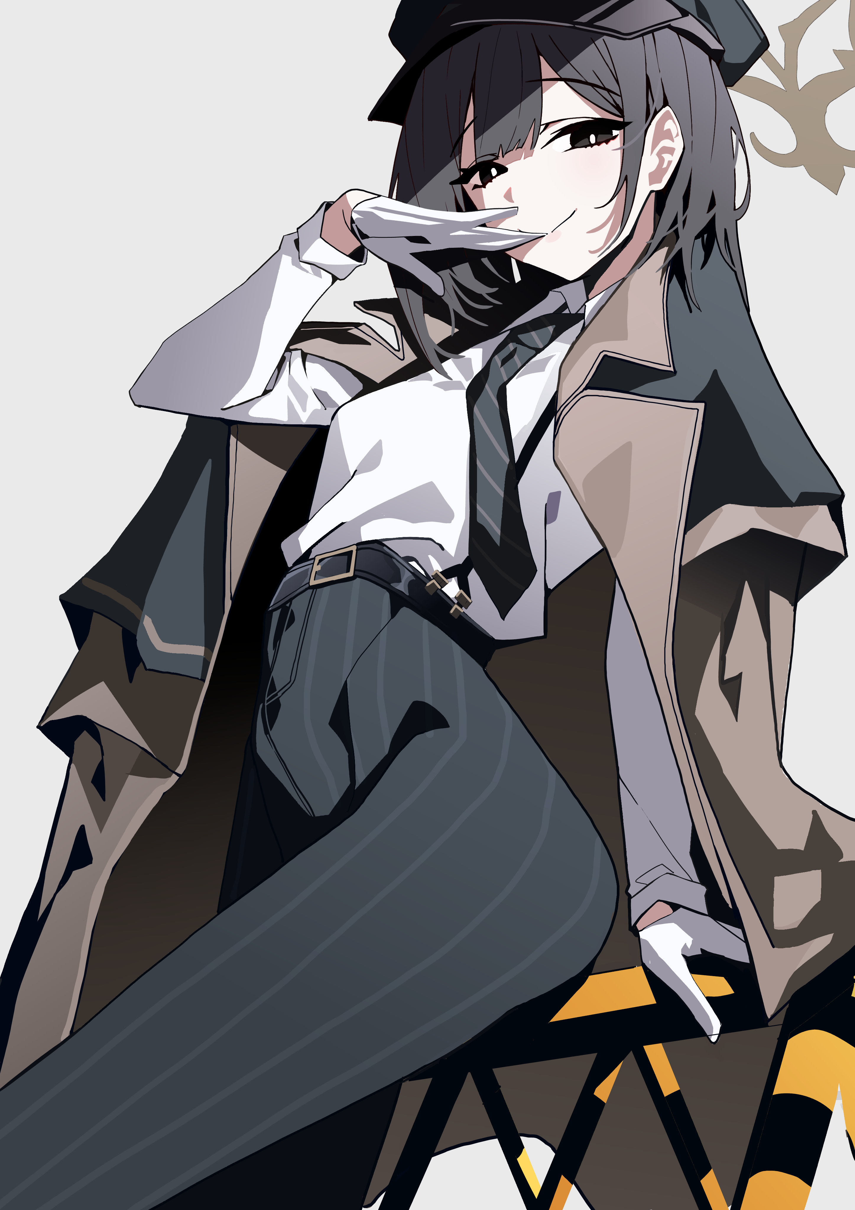 its2h35, blue archive, absurdres, highres, 1girl, black eyes, black hair, black necktie, black pants, bright pupils, brown halo, closed mouth, coat, coat on shoulders, cowboy shot, glove in mouth, gloves, halo, hat, hiromi (blue archive), long sleeves, looking at viewer, mouth hold, necktie, pants, peaked cap, removing glove, shirt, shirt tucked in, short hair, simple background, smile, solo, striped clothes, striped pants, white gloves, white pupils, white shirt