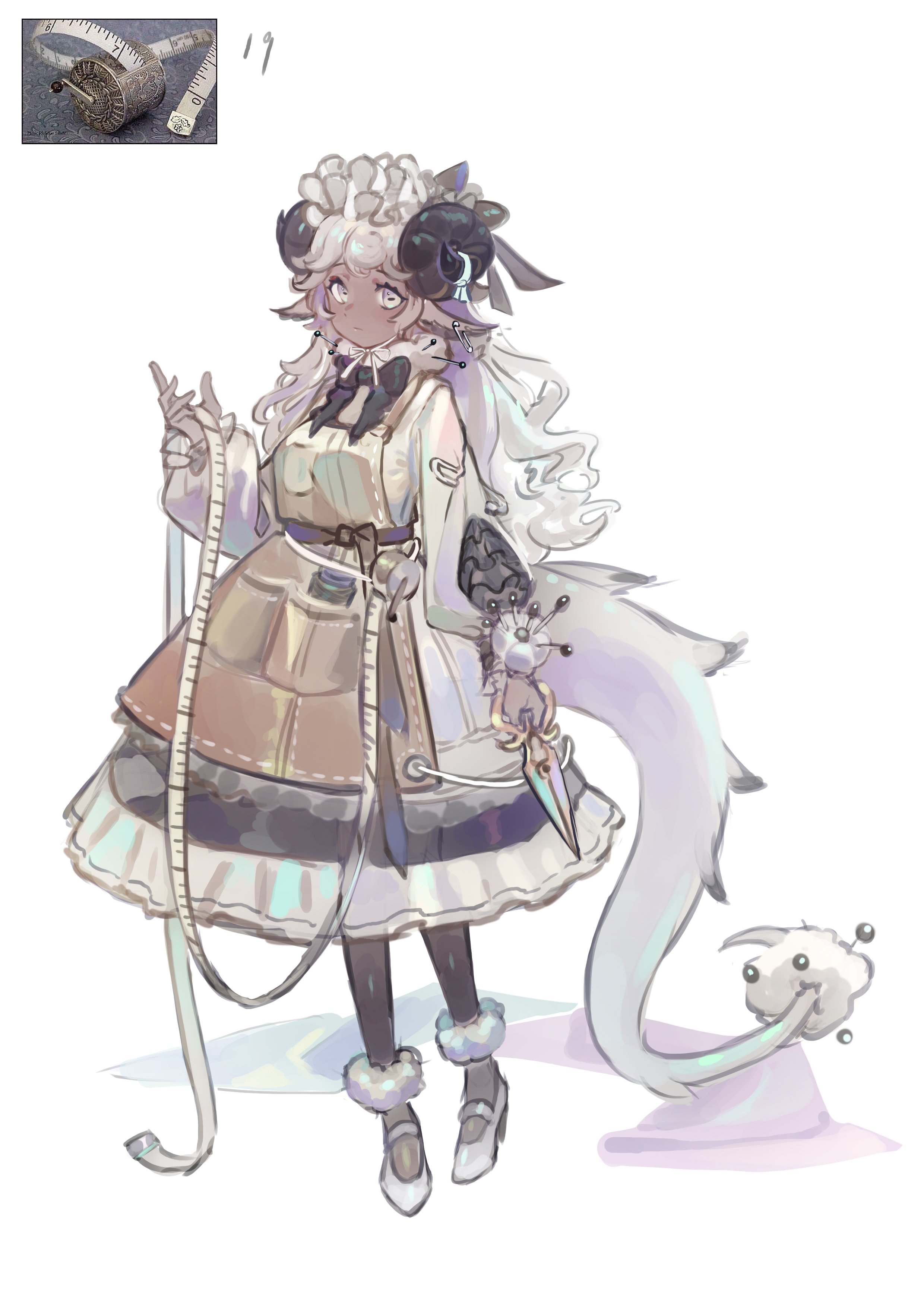 toga (toganawa), original, absurdres, highres, 1girl, animal ears, black pantyhose, bonnet, dark skin, dragon tail, dress, frilled bonnet, frills, fur anklet, grey eyes, high heels, horns, leather apron, long dress, long hair, pantyhose, personification, photo inset, pincushion, puffy sleeves, reference inset, scissors, sheep ears, sheep horns, solo, tachi-e, tail, tail ornament, tailor, tape measure, white hair
