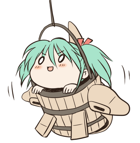 nekoguruma, alpha azieru, kisume, quess paraya, gundam, touhou, lowres, 1girl, bucket, chibi, female focus, in bucket, in container, o o, parody, simple background, solo, white background