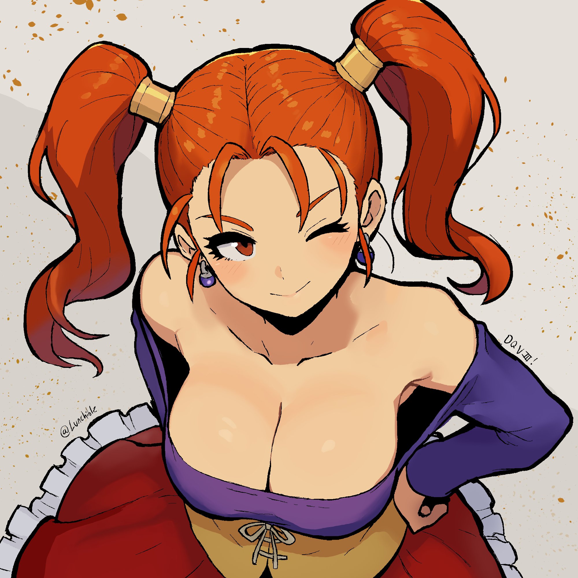 lunchiblz, jessica albert, dragon quest, dragon quest viii, commentary, english commentary, highres, 1girl, artist name, bare shoulders, breasts, brown eyes, brown hair, cleavage, collarbone, copyright name, corset, earrings, hand on own hip, jewelry, large breasts, long hair, one eye closed, purple shirt, shirt, smile, solo, twintails, twitter username, yellow corset