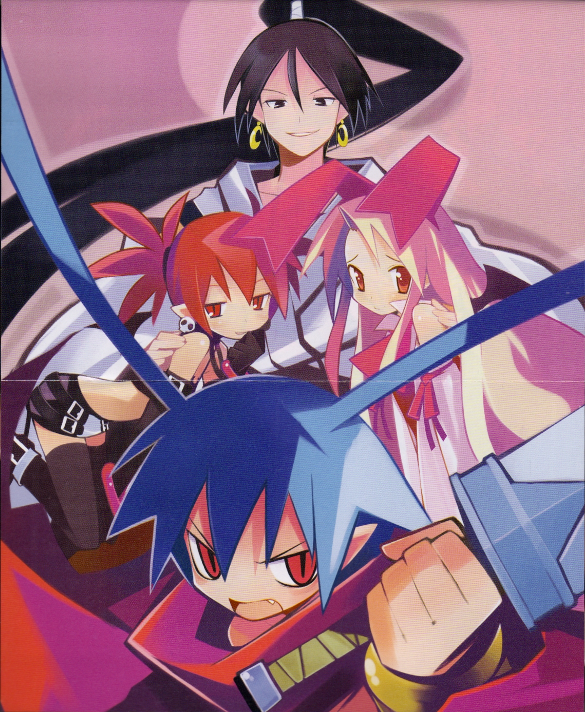 yamamoto keiji, etna (disgaea), flonne, flonne (fallen angel), laharl, sakura (disgaea), disgaea, nippon ichi, highres, scan, 1boy, 3girls, multiple girls, thighhighs