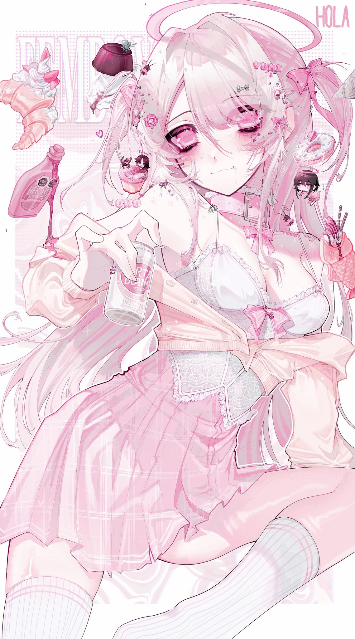 original, commentary, english commentary, highres, 1girl, bare shoulders, belt collar, blush, breasts, can, cleavage, closed mouth, collar, cowboy shot, croissant, dessert, donut, drink can, food, hair between eyes, hair ornament, halo, heart, hello7692, holding, holding can, long hair, looking at viewer, medium breasts, parted bangs, pink collar, pink eyes, pink halo, pink skirt, shirt, skirt, sleeveless, sleeveless shirt, smile, socks, solo, taiyaki, wagashi, white background, white hair, white shirt, white socks