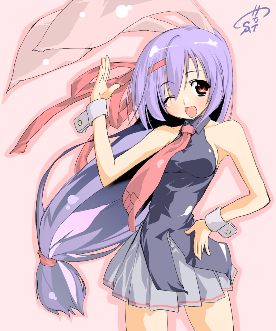 take shinobu, takesinobu, reisen udongein inaba, touhou, bad id, bad pixiv id, 1girl, ;d, alternate costume, alternate hairstyle, animal ears, bare shoulders, female focus, hand on own hip, headband, long hair, necktie, one eye closed, open mouth, ponytail, purple hair, rabbit ears, red eyes, red necktie, simple background, skirt, sleeveless, smile, solo, very long hair, waving, wrist cuffs