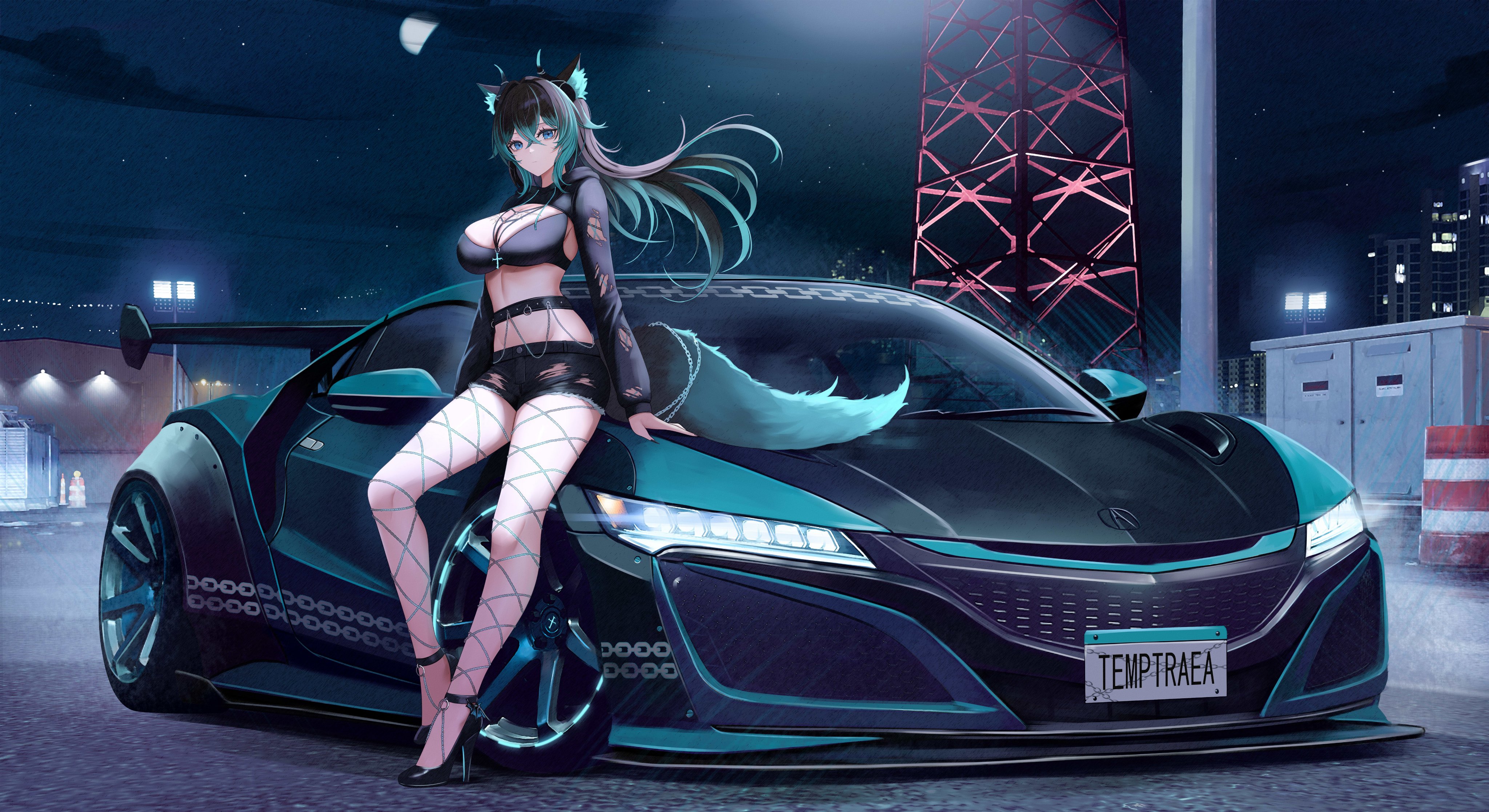 kcar66t, indie virtual youtuber, absurdres, character request, commission, highres, vehicle request, vgen commission, 1girl, animal ears, aqua hair, belt, black hair, black shirt, black shoes, black shorts, blue eyes, breasts, car, cleavage, closed mouth, crop top, cutoffs, day, denim, denim shorts, drawstring, expressionless, floating hair, fox ears, fox girl, fox tail, gradient hair, high heels, horns, jewelry, large breasts, long hair, long sleeves, looking at viewer, midriff, motor vehicle, multicolored hair, necklace, night, outdoors, shirt, shoes, short shorts, shorts, sitting, solo, sports car, stomach, tail, thighs, torn clothes, torn shirt, torn shorts, two-tone hair, virtual youtuber