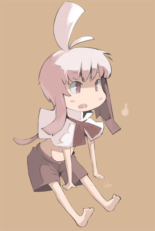 inemuri uno, bad id, bad pixiv id, ahoge, barefoot, pink eyes, pink hair, school uniform, serafuku, simple background, sitting, solo