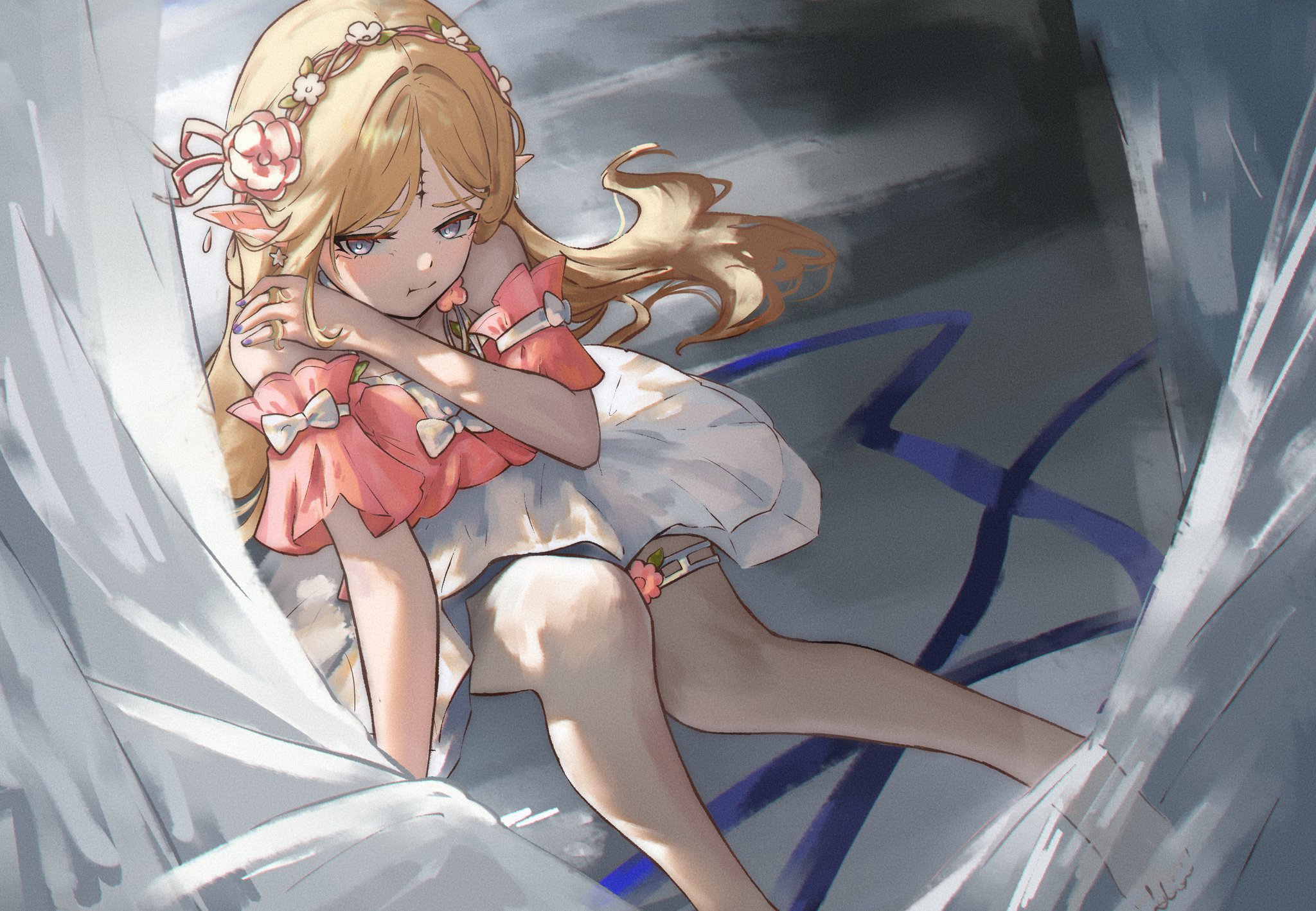 lucasafontes, cartethyia (wuthering waves), wuthering waves, commentary, hashtag-only commentary, highres, 1girl, barefoot, blonde hair, blue eyes, closed mouth, earrings, hand on own shoulder, jewelry, long hair, multiple earrings, nail polish, off-shoulder shirt, off shoulder, official alternate costume, parted bangs, pink shirt, pointy ears, pout, purple nails, shirt, sitting, skirt, solo, tacet mark (wuthering waves), thighlet, white skirt