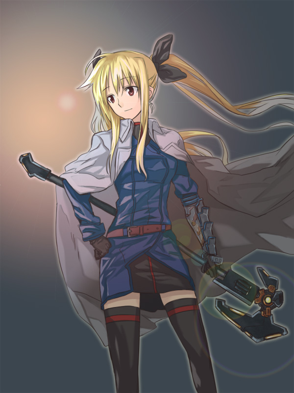 bardiche (assault form) (nanoha), bardiche (nanoha), fate testarossa, fate testarossa (impulse form), lyrical nanoha, mahou shoujo lyrical nanoha, mahou shoujo lyrical nanoha strikers, uniform, 00s, 1girl, blonde hair, cape, female focus, solo, thighhighs, zettai ryouiki