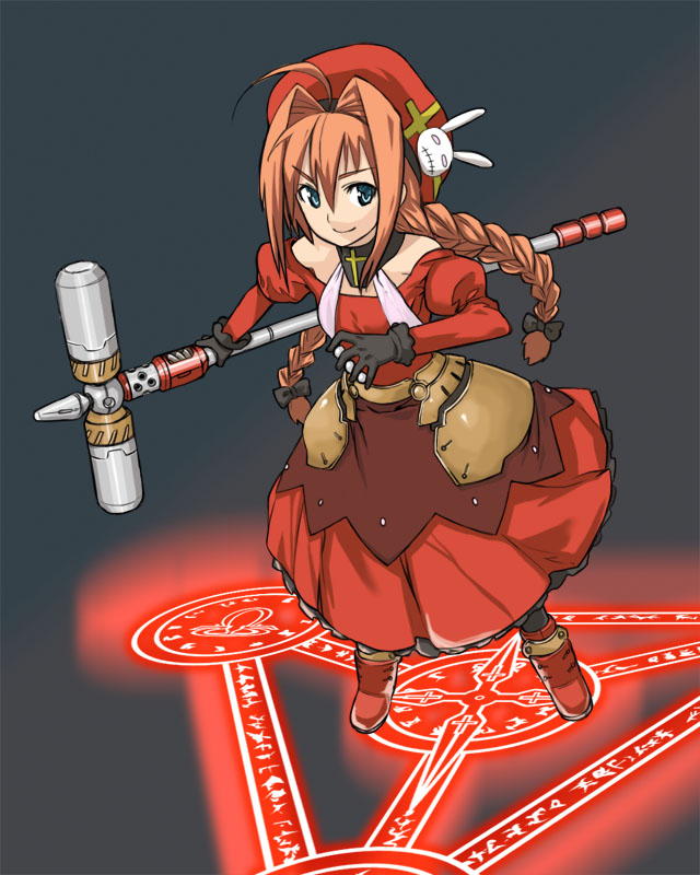 shirogane (fox), graf eisen, vita (nanoha), lyrical nanoha, mahou shoujo lyrical nanoha, 00s, 1girl, ahoge, beret, blue eyes, bow, braid, choker, cross, dress, female focus, gloves, glowing, grey background, hair bow, hat, long hair, magic circle, mallet, omega symbol, orange hair, rabbit, smile, solo, twin braids