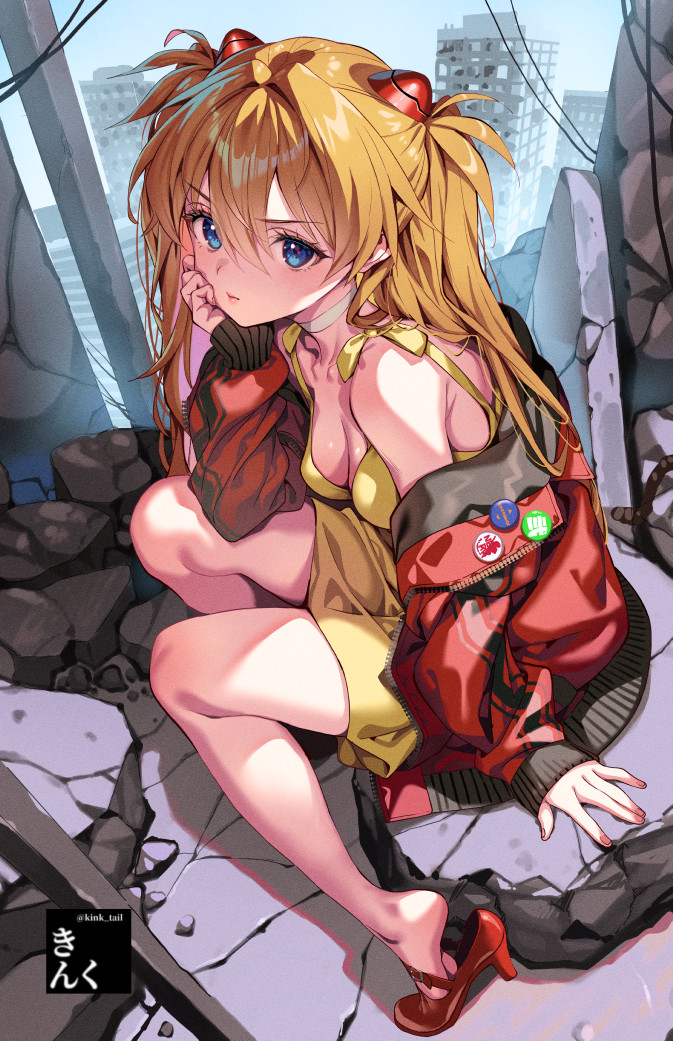 kink (tortoiseshell), souryuu asuka langley, neon genesis evangelion, 1girl, bare shoulders, blue eyes, blush, breasts, brown hair, choker, cleavage, closed mouth, dress, elbow rest, hair between eyes, hairpods, hand on own cheek, hand on own face, head rest, high heels, interface headset (evangelion), jacket, long hair, looking at viewer, medium breasts, off shoulder, pin, red jacket, red shoes, shoes, sitting, sleeves past wrists, solo, two side up, white choker, yellow dress