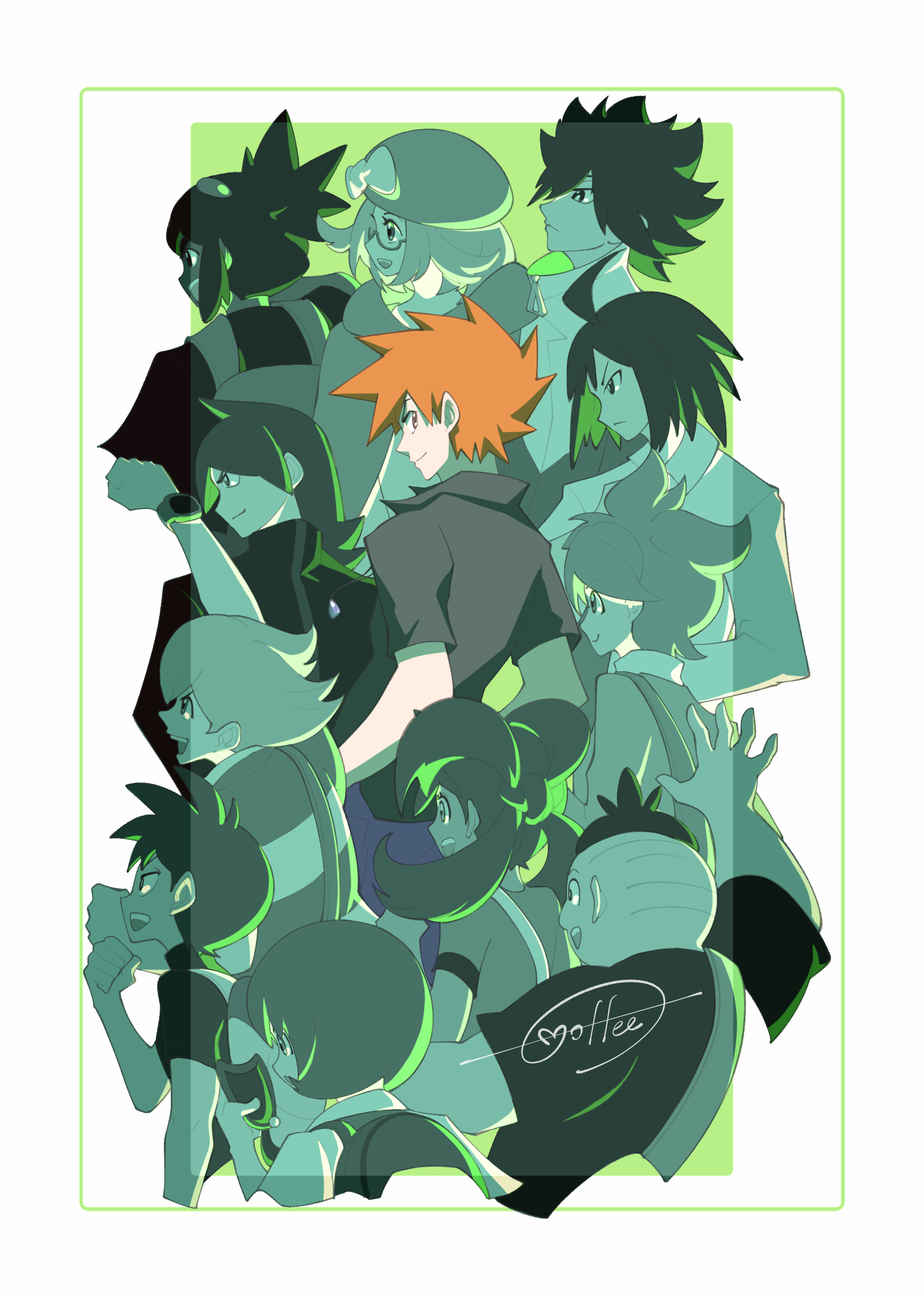 cccacademia, barry (pokemon), bianca (pokemon), blue oak, cheren (pokemon), hop (pokemon), hugh (pokemon), shauna (pokemon), silver (pokemon), tierno (pokemon), trace (pokemon), trevor (pokemon), wally (pokemon), nintendo, pokemon, pokemon bw2, pokemon gsc, pokemon rse, pokemon sm, pokemon xy, absurdres, highres, 2girls, 6+boys, ahoge, arm up, artist name, black shirt, brown eyes, brown hair, glasses, hat, multiple boys, multiple girls, shirt, short sleeves, spiked hair, striped clothes, striped shirt, twintails, watch