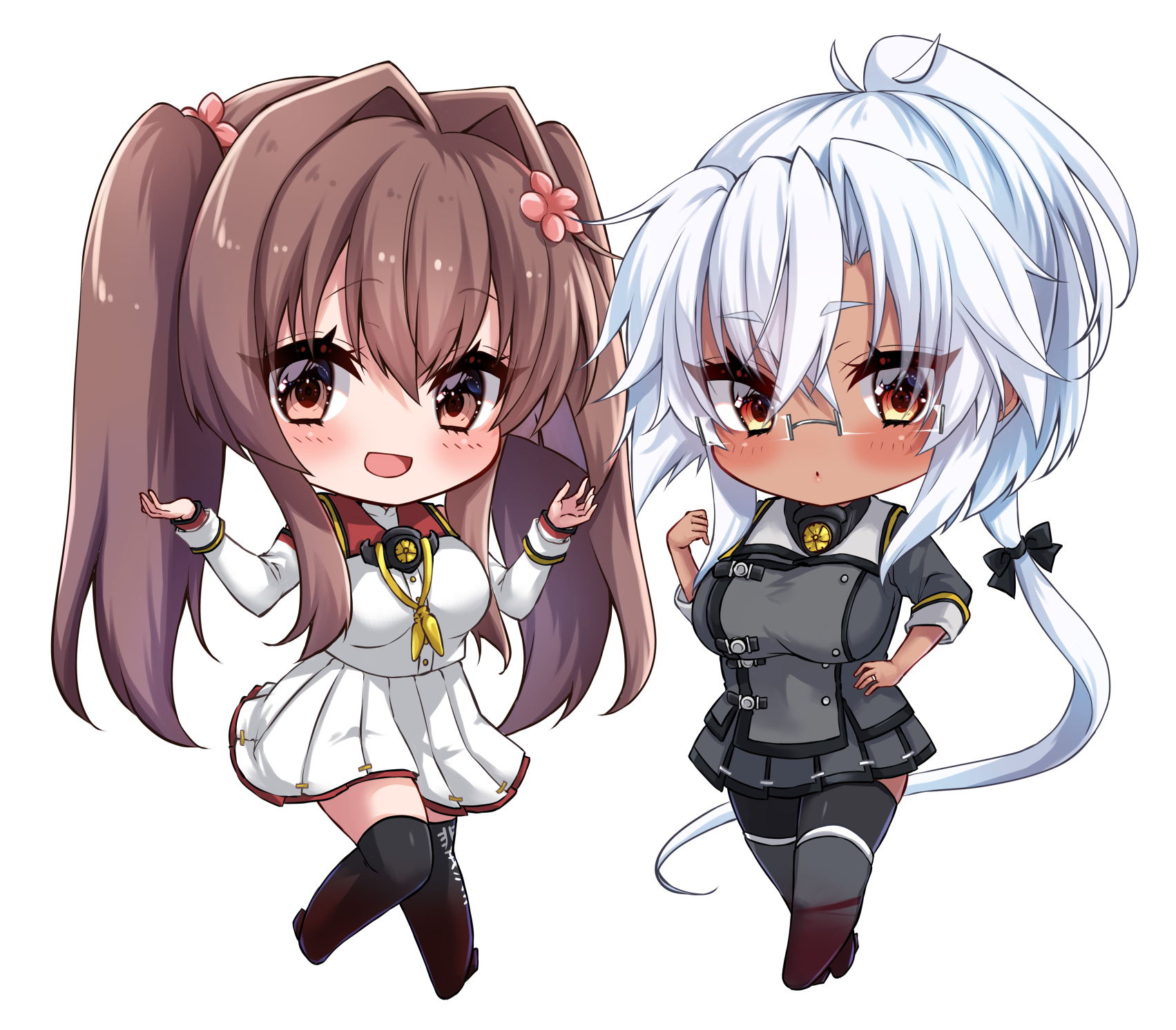 mashiro yukiya, musashi (kancolle), musashi kai ni (kancolle), yamato (kancolle), yamato kai ni (kancolle), kantai collection, highres, 2girls, alternate hairstyle, black skirt, black thighhighs, breasts, brown eyes, brown hair, cherry blossoms, chibi, collar, dark-skinned female, dark skin, flower, glasses, grey-framed eyewear, grey hair, hair between eyes, hair flower, hair ornament, hairstyle switch, large breasts, long hair, long sleeves, metal collar, miniskirt, multiple girls, pleated skirt, ponytail, rectangular eyewear, rimless eyewear, sakuramon, semi-rimless eyewear, skirt, thighhighs, very long hair, white skirt