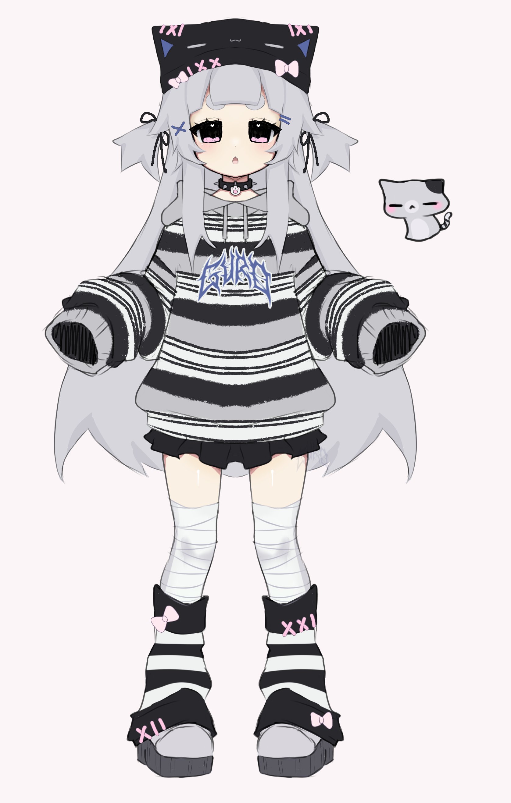 houndeater, original, absurdres, highres, 1girl, animal hat, bandaged leg, bandages, black choker, black skirt, cat, cat hat, choker, full body, grey hair, hat, hood, hoodie, leg warmers, pink hair, shoes, short twintails, skirt, twintails, white background