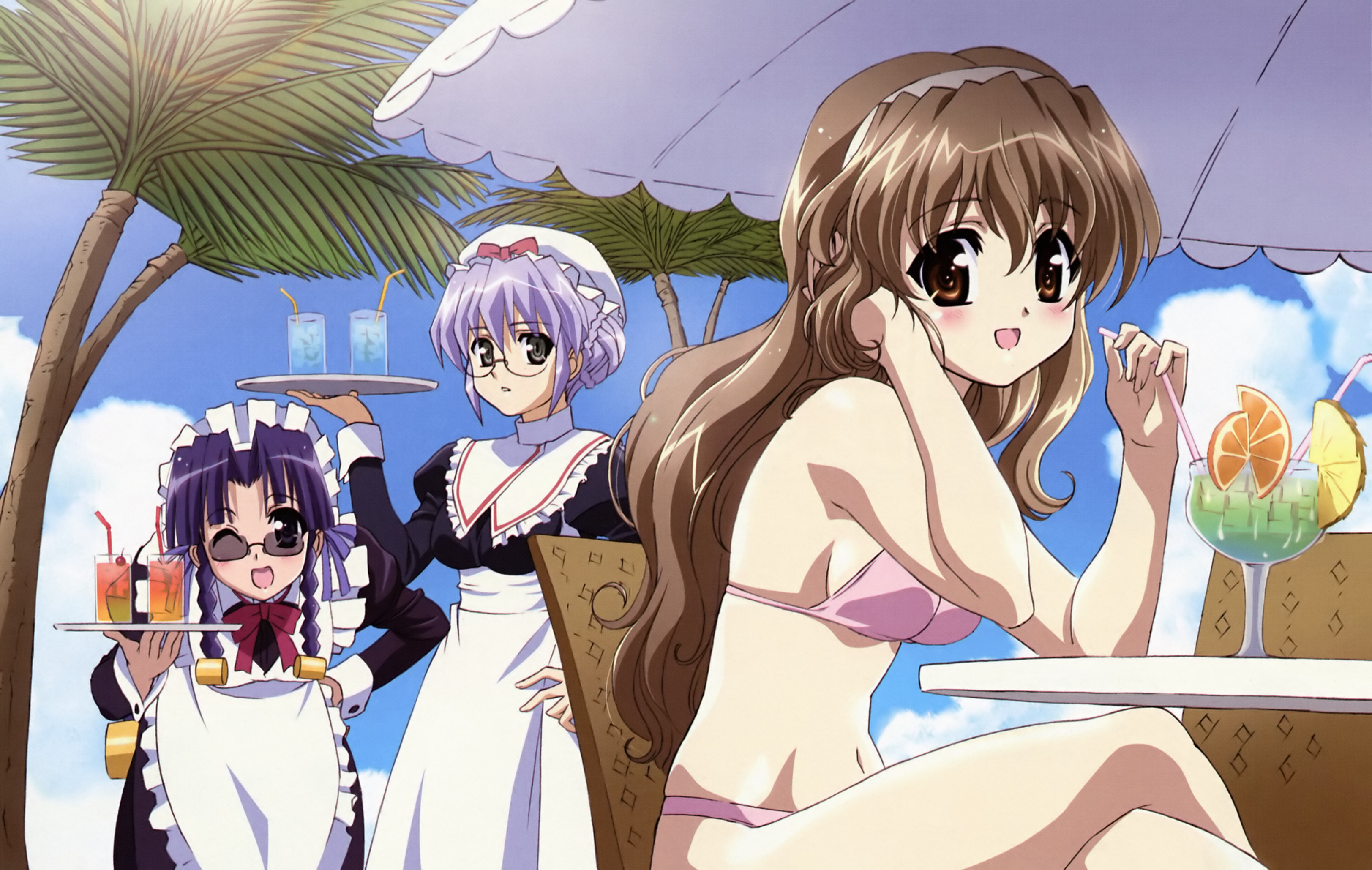 nanashiro nanami, nogizaka haruka, sakurazaka hazuki, nogizaka haruka no himitsu, absurdres, detexted, highres, non-web source, third-party edit, 00s, 3girls, apron, bent over, bikini, black eyes, blue hair, blush, brown eyes, brown hair, chair, cloud, crossed legs, day, drink, food, fruit, glasses, grey eyes, hairband, hand on own hip, hat, headband, long hair, maid, maid apron, multiple girls, navel, one eye closed, orange (fruit), orange slice, outdoors, palm tree, parasol, pink bikini, purple hair, sitting, sky, sunglasses, swimsuit, table, tray, tree, umbrella, wavy hair, wink